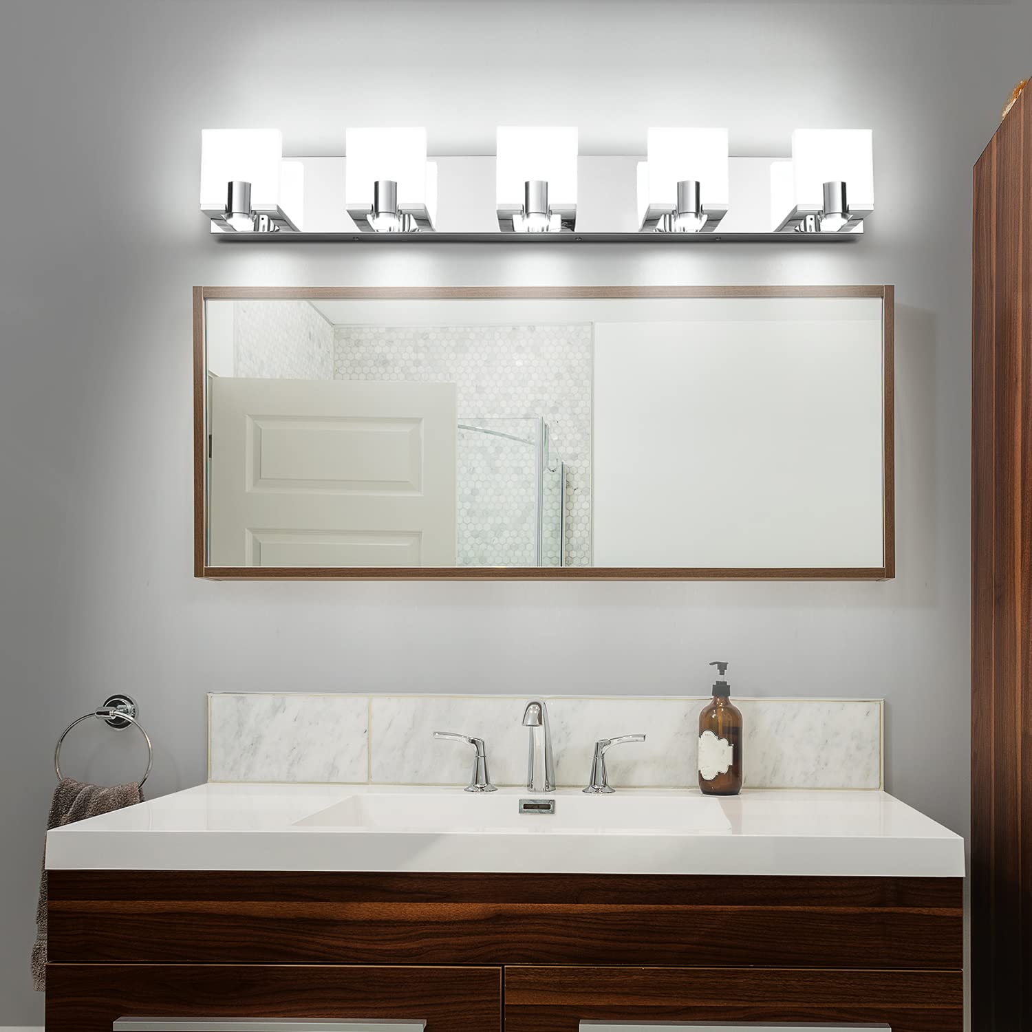 Dimmable LED Bathroom Vanity Lighting - Modern 5-Light Fixture with Gloss Chrome Finish for Mirror Illumination | Perfect for Master Bath, Powder Room & Spa-Style Decor