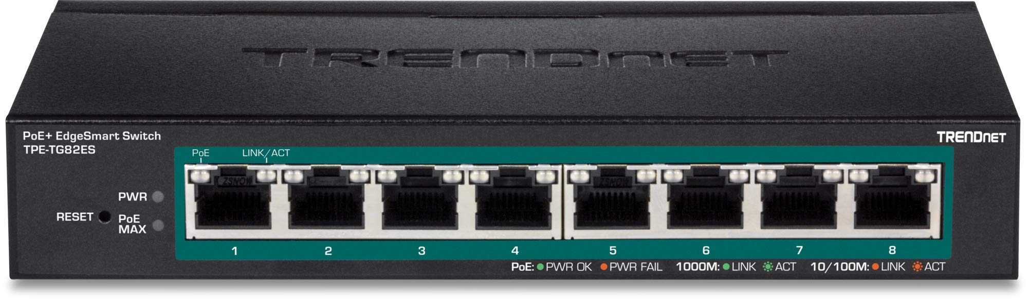 TRENDnet 8-Port Gigabit EdgeSmart PoE+ Switch | 8 x PoE+ Ports 64W Budget | Managed Network Switch | Wall Mount & Desktop | Lifetime Warranty | Black (TPE-TG82ES) | Ideal for Office Networking & Home Security Systems