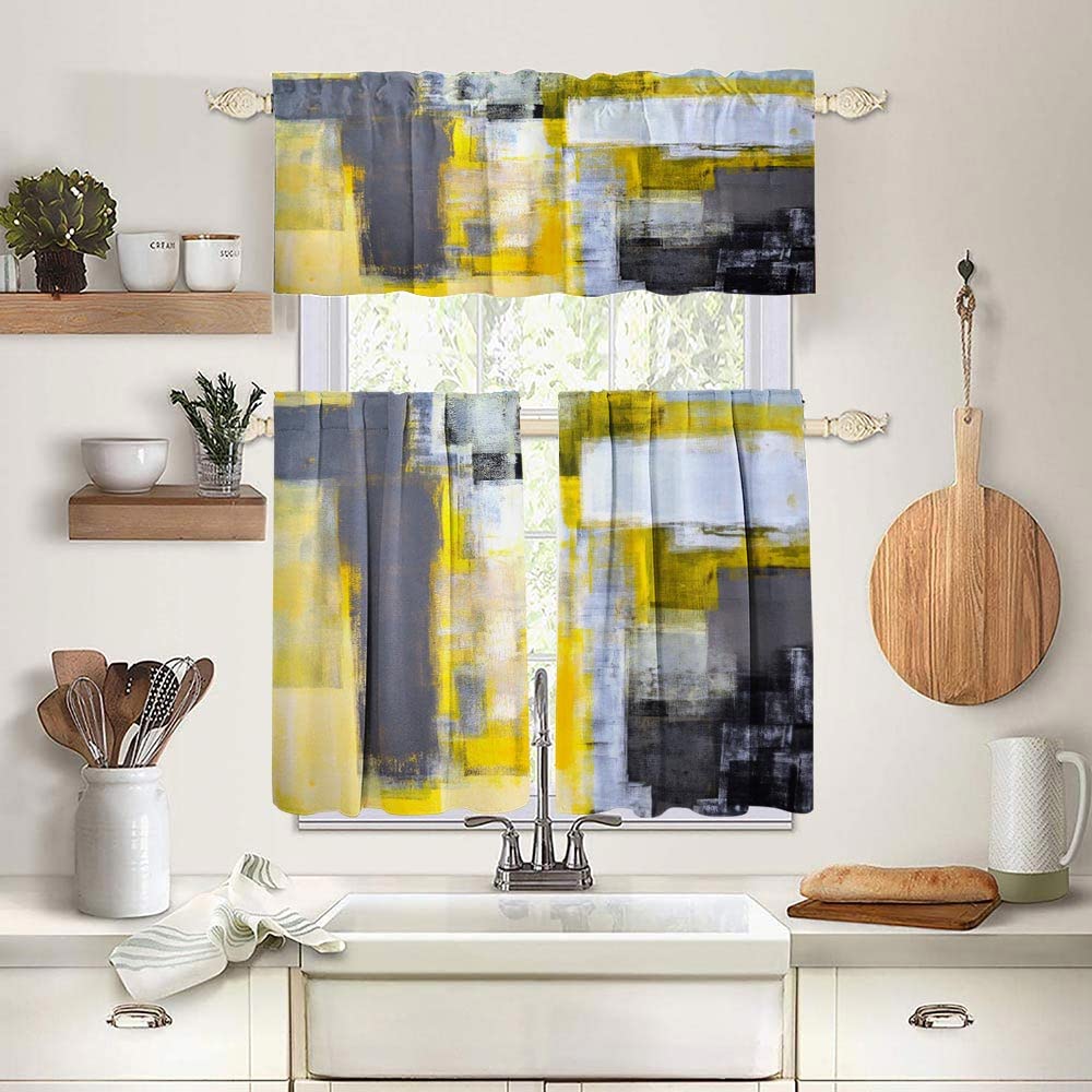 Jacrane 3-Piece Kitchen Curtains Set - Grey & Yellow Modern Abstract Window Valances for Kitchen & Living Room - Light Filtering & Privacy - Perfect for Farmhouse, Apartment & Dining Room Decor