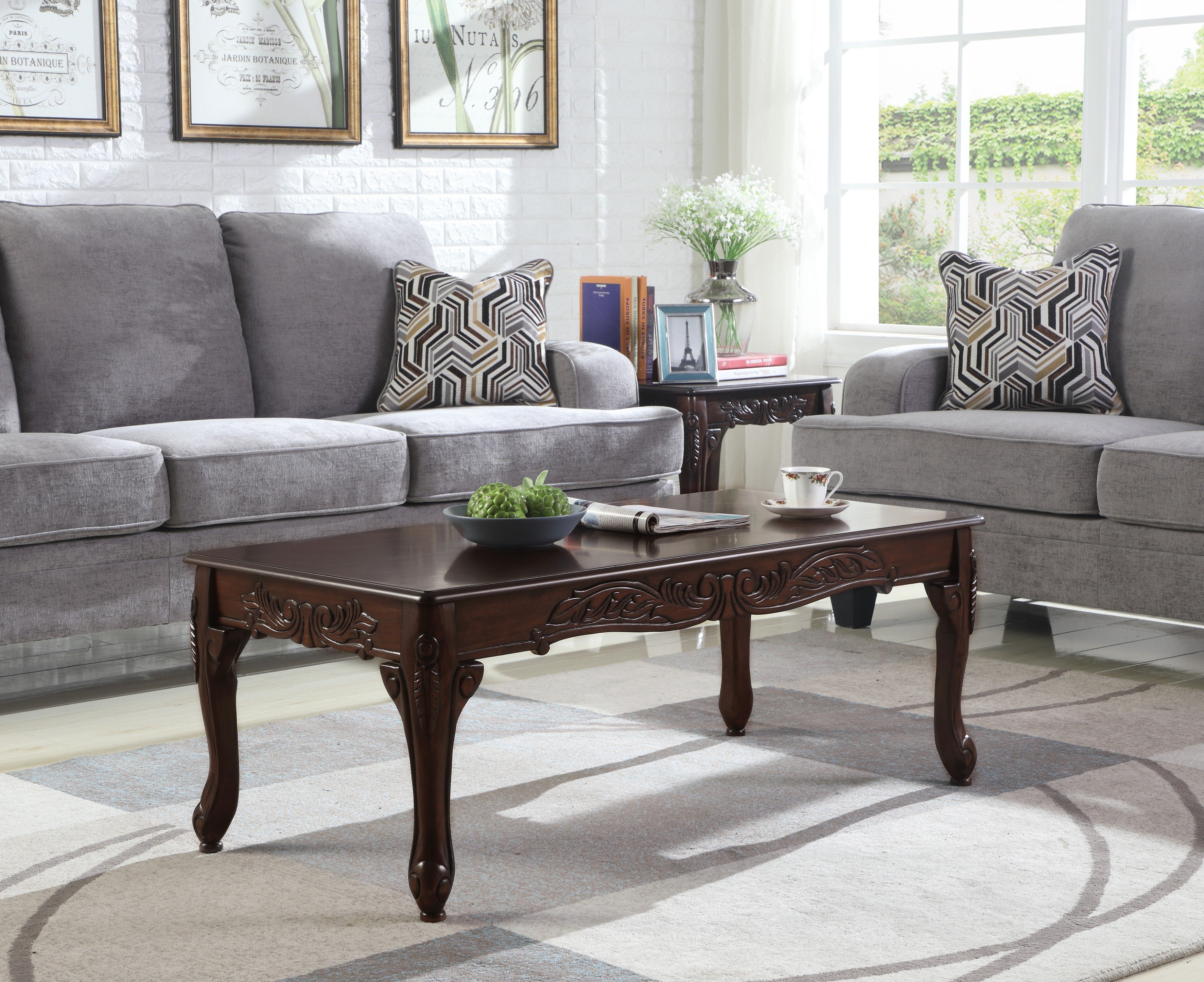 Roundhill Furniture Traditional Ornate Wood Coffee Table with Dark Cherry Finish - Elegant Living Room Centerpiece for Home Decor
