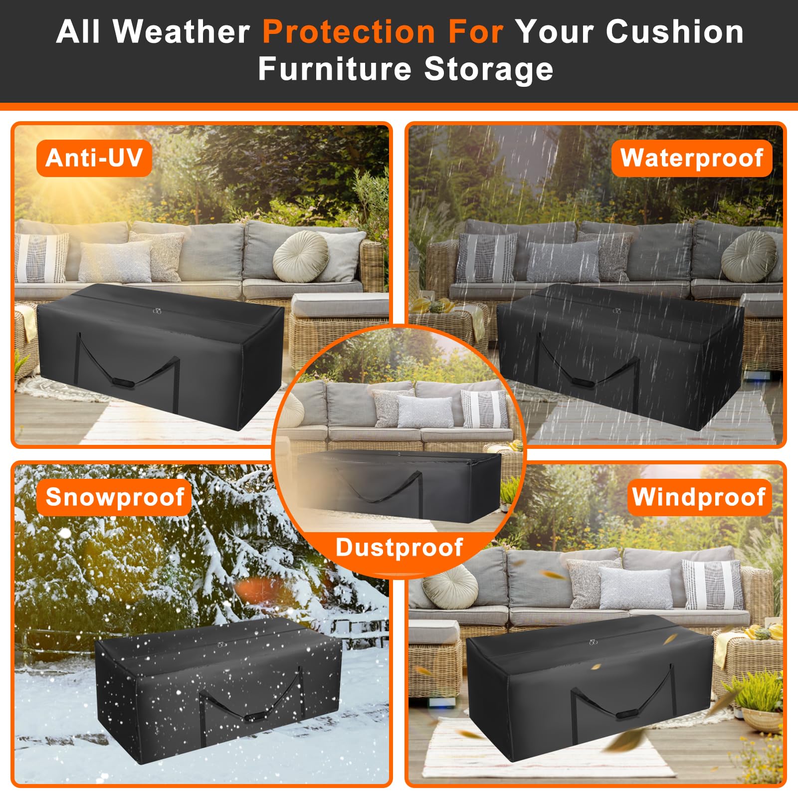 Large Heavy Duty 420D Waterproof Patio Cushion Storage Bag with Zipper & Handles - 62