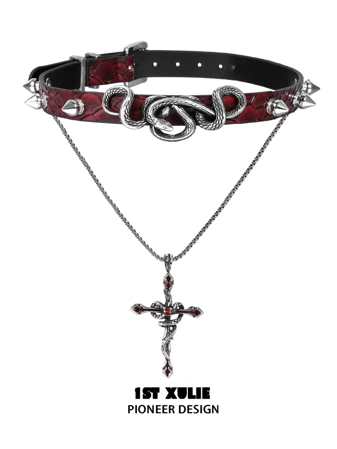 18k Platinum Plated Snake Bite Leather Rivets Pendant Choker Necklace™ - Gothic Punk Jewelry for Women, Perfect for Concerts, Parties and Alternative Fashion