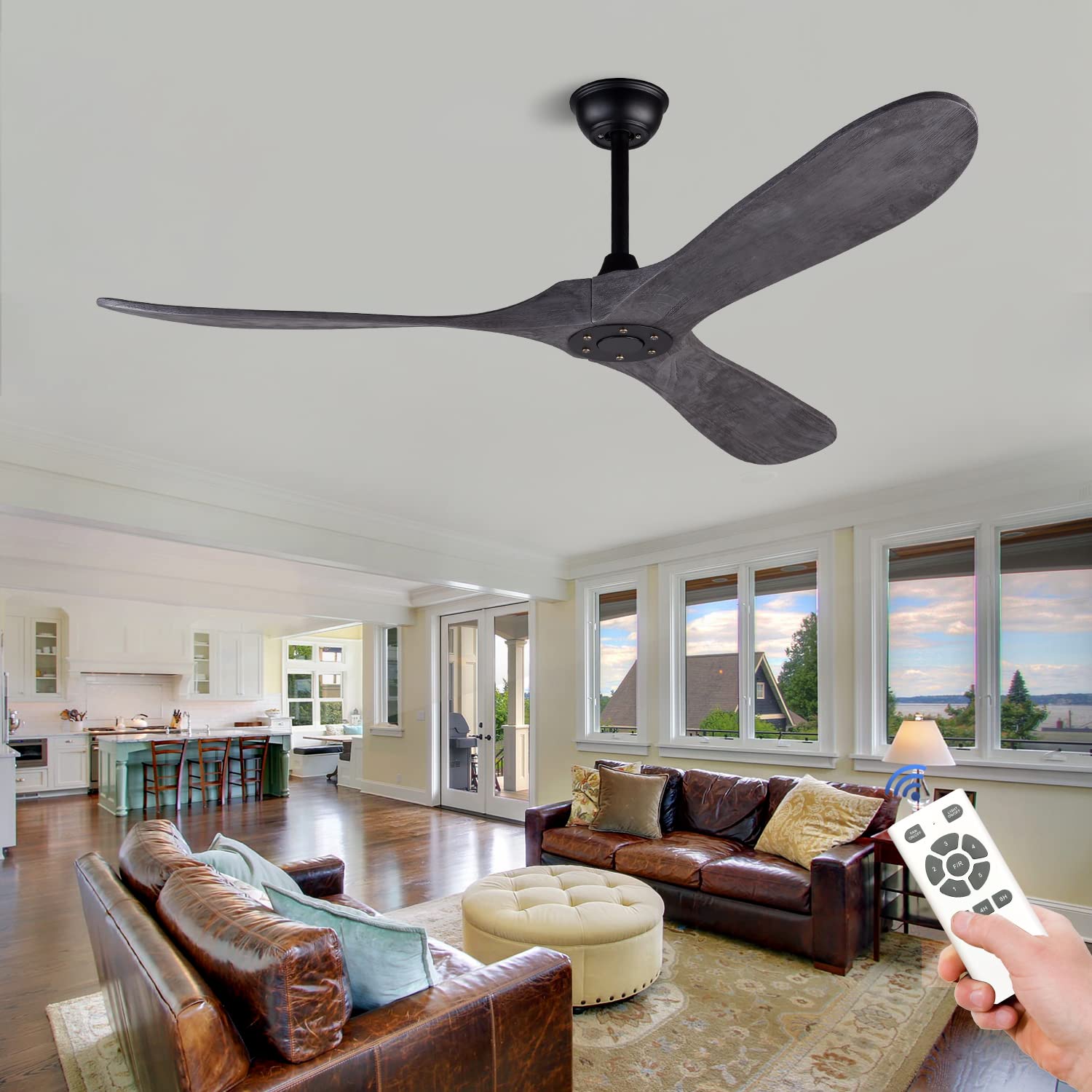 BOJUE 60 Inch Low Profile Ceiling Fan No Light with Remote Control - 3 Blade Wood Ceiling Fan for Indoor Outdoor Use - Perfect for Patio, Living Room, Bedroom, Office & Summer House (Gray Drawing Lines Blades) - Stay Cool in Hot Weather & Enhance Home Decor
