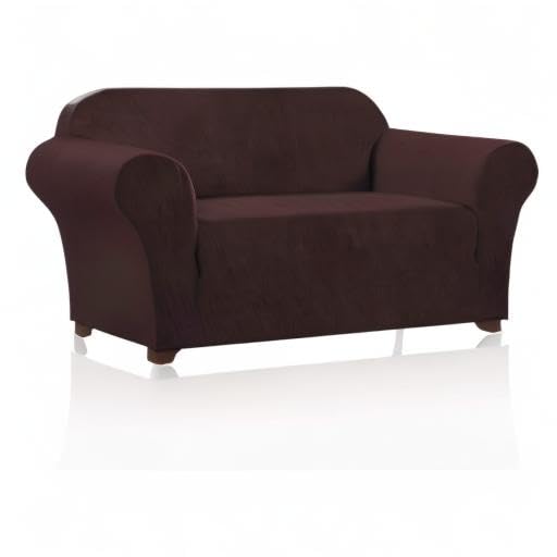 PrinceDeco Stretch Loveseat Sofa Cover Slipcover - Washable 2-Cushion Couch Cover with Non-Slip Bottom, Pet-Friendly Furniture Protector (Brown) - Perfect for Living Room, Apartment & Pet Owners