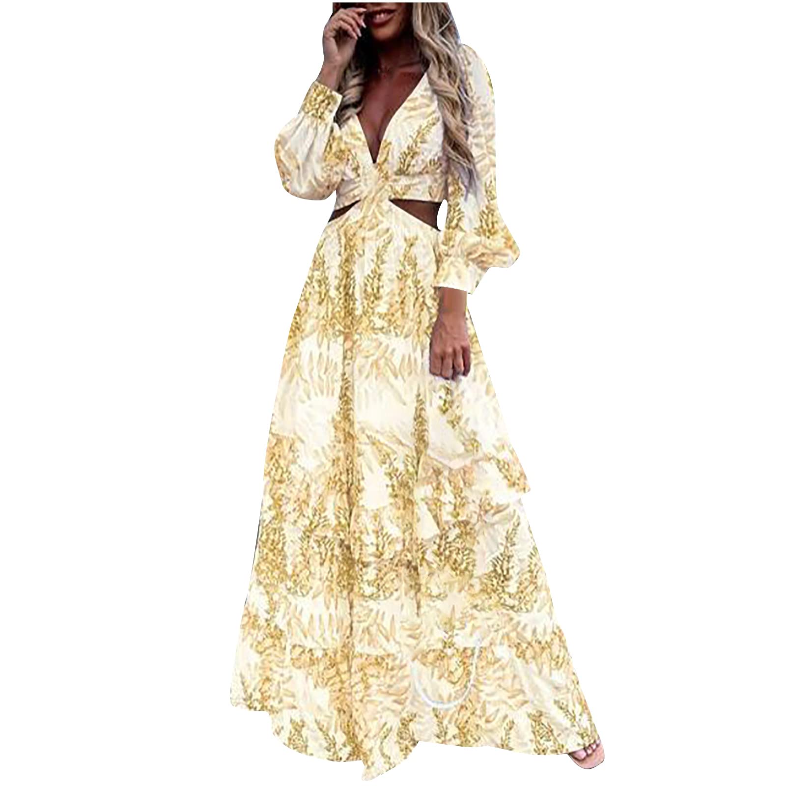 Women's Casual Long Sleeve V-Neck Floral Print Hollow Out Maxi Dress - Elegant Party & Evening Wear for Fall, Perfect for Date Nights, Weddings, and Special Occasions