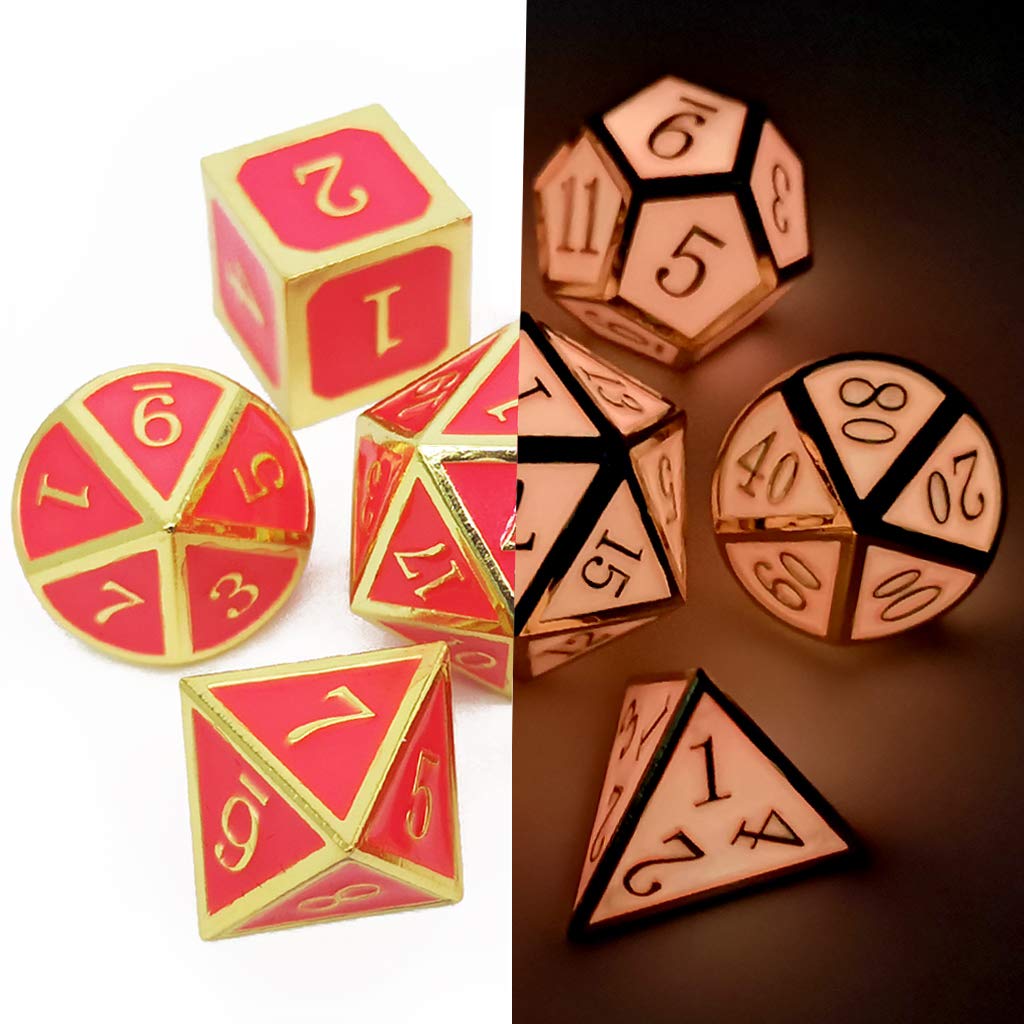 Haxtec Glow in The Dark Metal DND Dice Set - Gold & Pink D&D Dice for Dungeons and Dragons RPG Games | Perfect for Nighttime Gaming, Tabletop Roleplaying & Collectors (Glowing Red/Cream Pink)