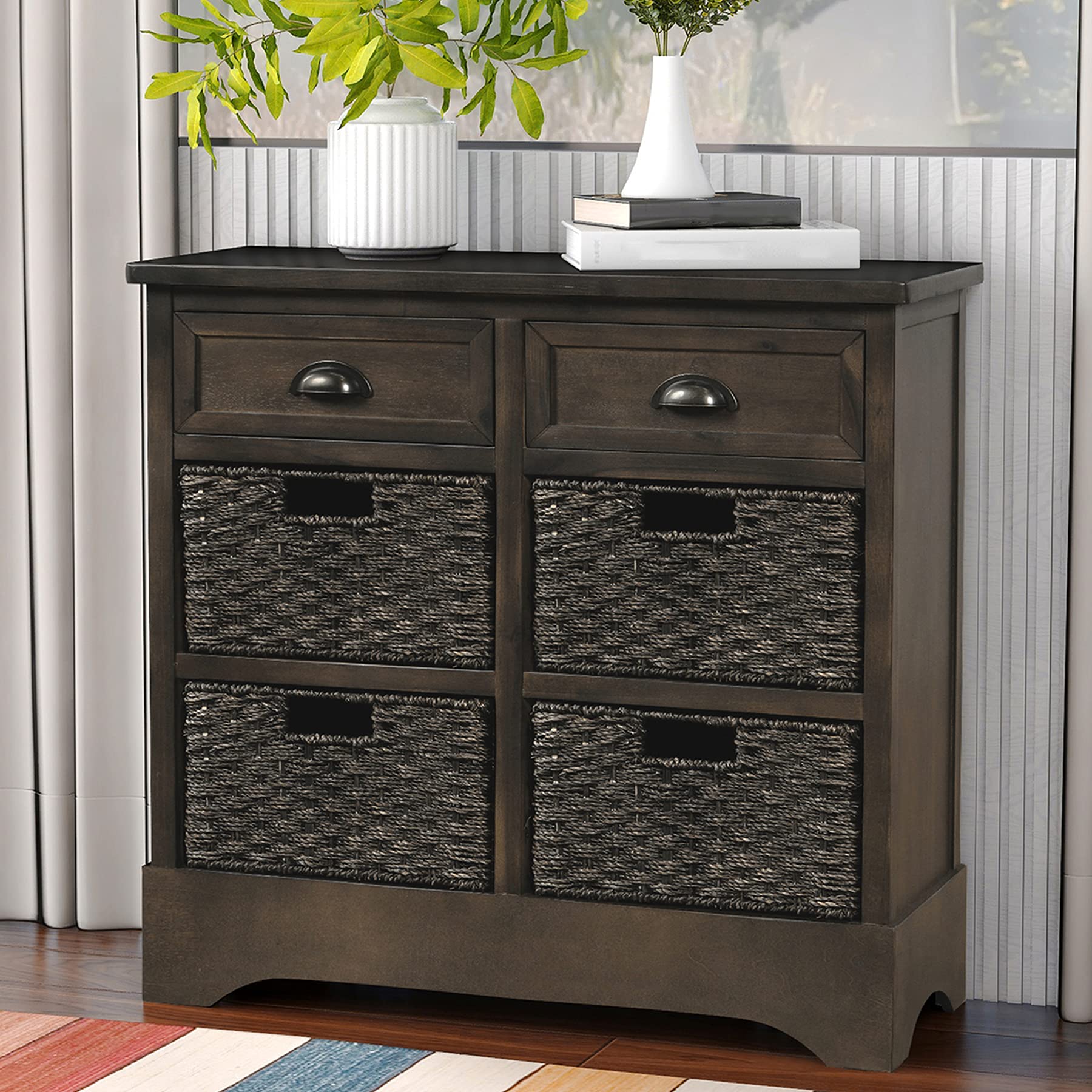 Vintage Storage Cabinet with 2 Drawers & 4 Baskets - Retro Style Organizer for Entryway, Living Room, Bedroom - Dark Brown Home Decor Storage Solution for Shoes, Toys & Clutter