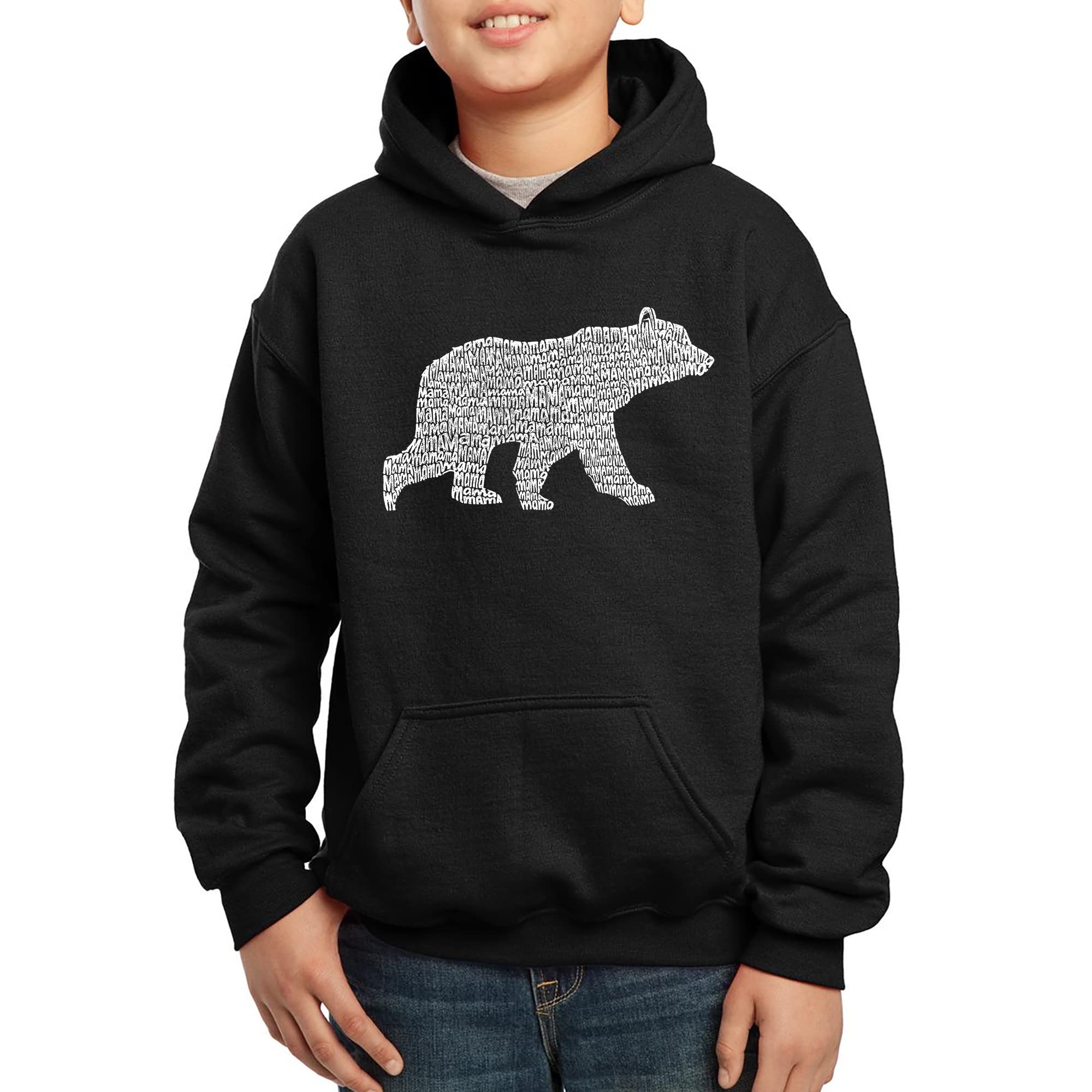 LA POP ART Boys' Word Art Hooded Sweatshirt - Mama Bear Graphic Pullover | Trendy Streetwear for Kids | Perfect for School, Playdates & Family Outings