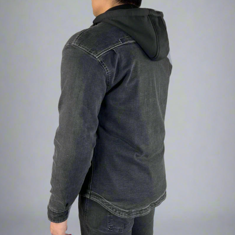 Men's Armored Denim Shirt with Removable Hoodie - Stylish Protective Jacket for Motorcycle Riding & Outdoor Adventures