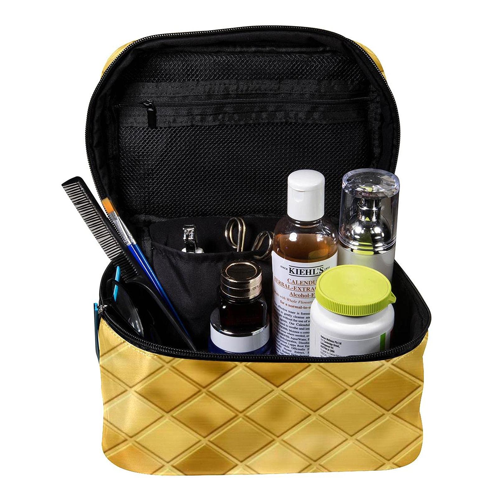 Gold Tile Pattern Large Travel Makeup Bag - Waterproof Cosmetic Organizer Case with Zipper for Women & Girls | Perfect for Vacation, Gym, and Daily Essentials Storage