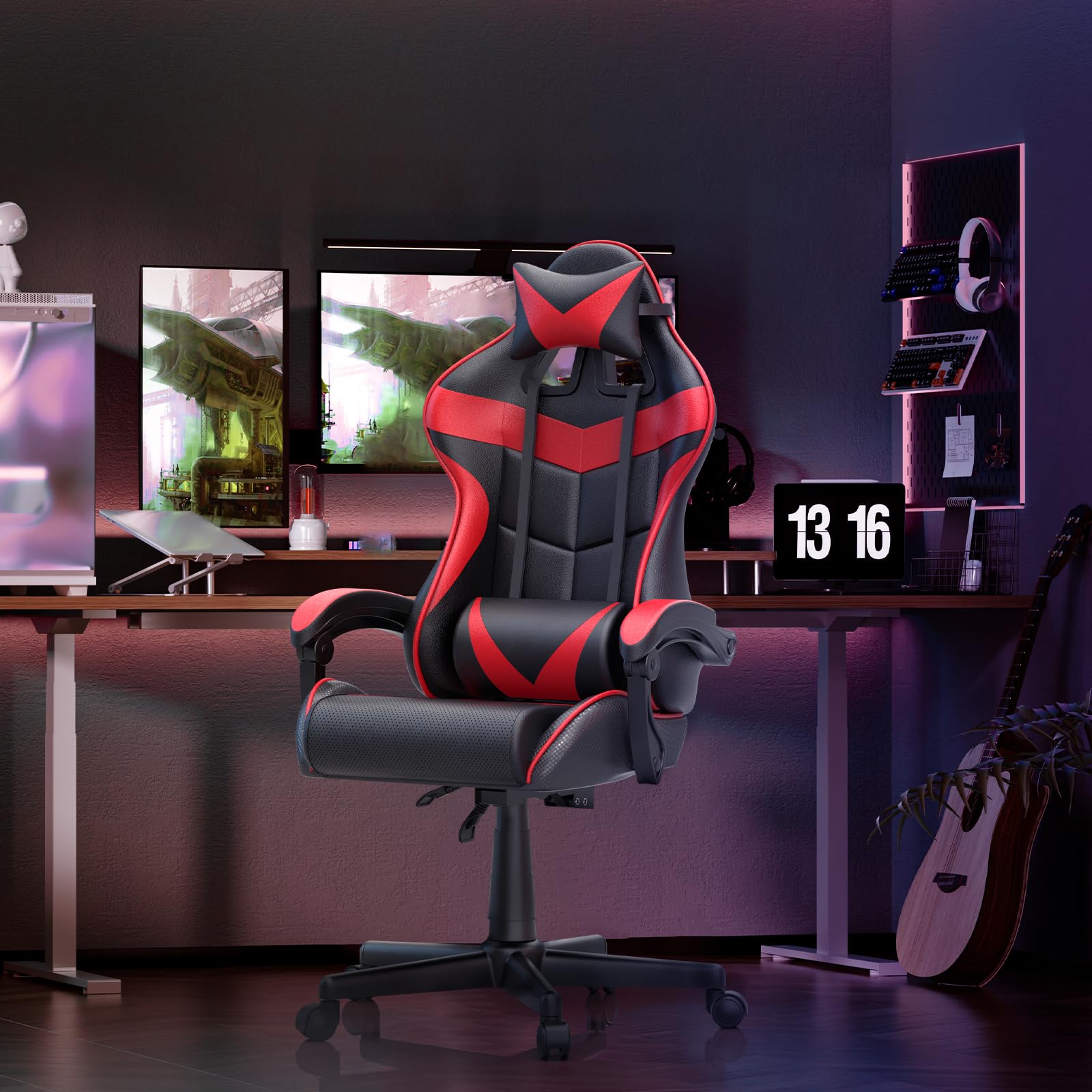 Soontrans Ergonomic Gaming Chair with Massage Lumbar Support & Headrest - Adjustable Height High-Back Computer Desk Chair with Linkage Armrests (Ruby Red) - Perfect for Esports, Streaming & Home Office Setup