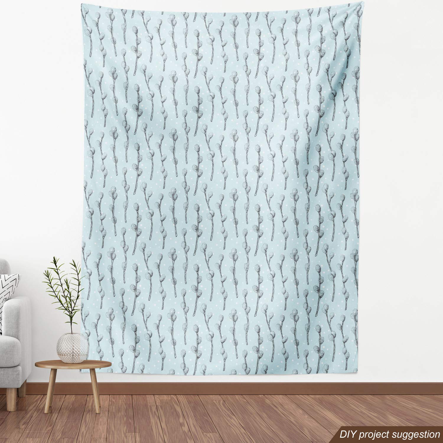 Ambesonne Floral Fabric by The Yard - Spring Willow Branches with White Polka Dots Doodle Pattern | Decorative Upholstery Fabric for Sofa, Curtains & Home Decor | 10 Yards Pale Blue Dark Blue Grey | Perfect for DIY Projects, Pillow Covers & Table Runners