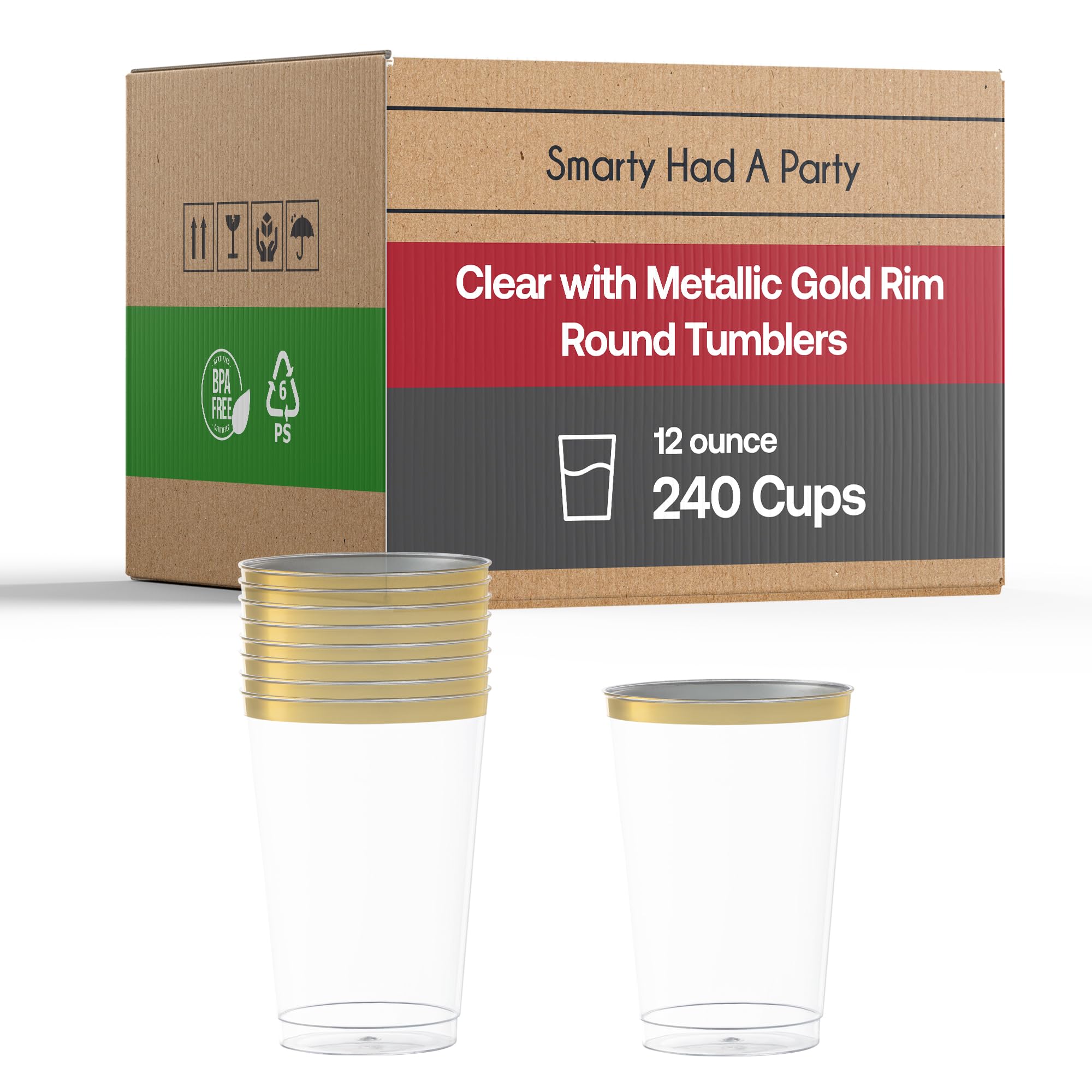 Smarty Had A Party 12 oz Clear Disposable Plastic Cups with Gold Rim – 240 Pack of Elegant Tumbler Cups for Cocktails, Iced Coffee, Party Drinks & Events – Perfect for Weddings, Birthday Parties, and Office Gatherings