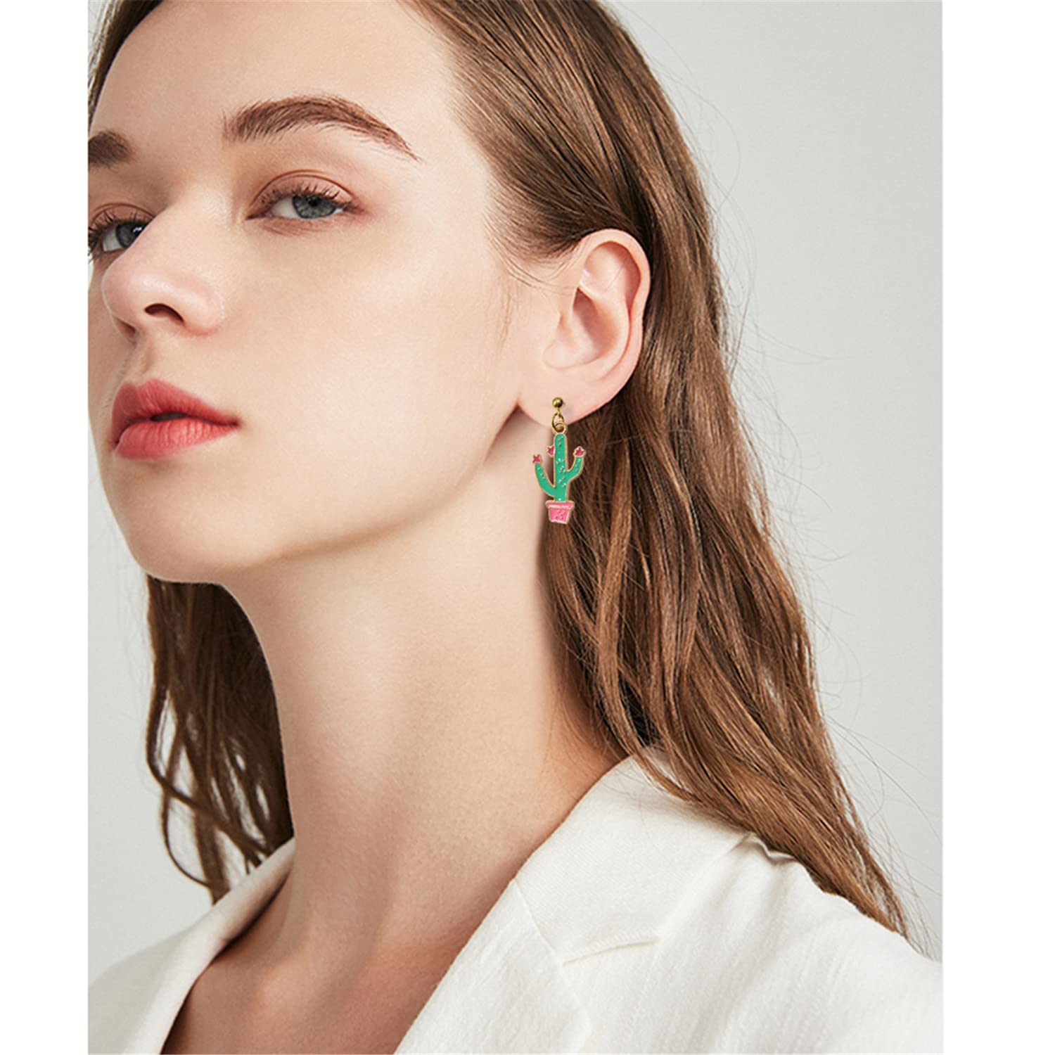 3 Pairs Unique Handmade Lightweight Funny Green Cactus Enamel Drop Earrings for Women - Sweet Creative Potted Plant Stud Earrings - Perfect for Boho Style, Summer Outfits & Gift Giving