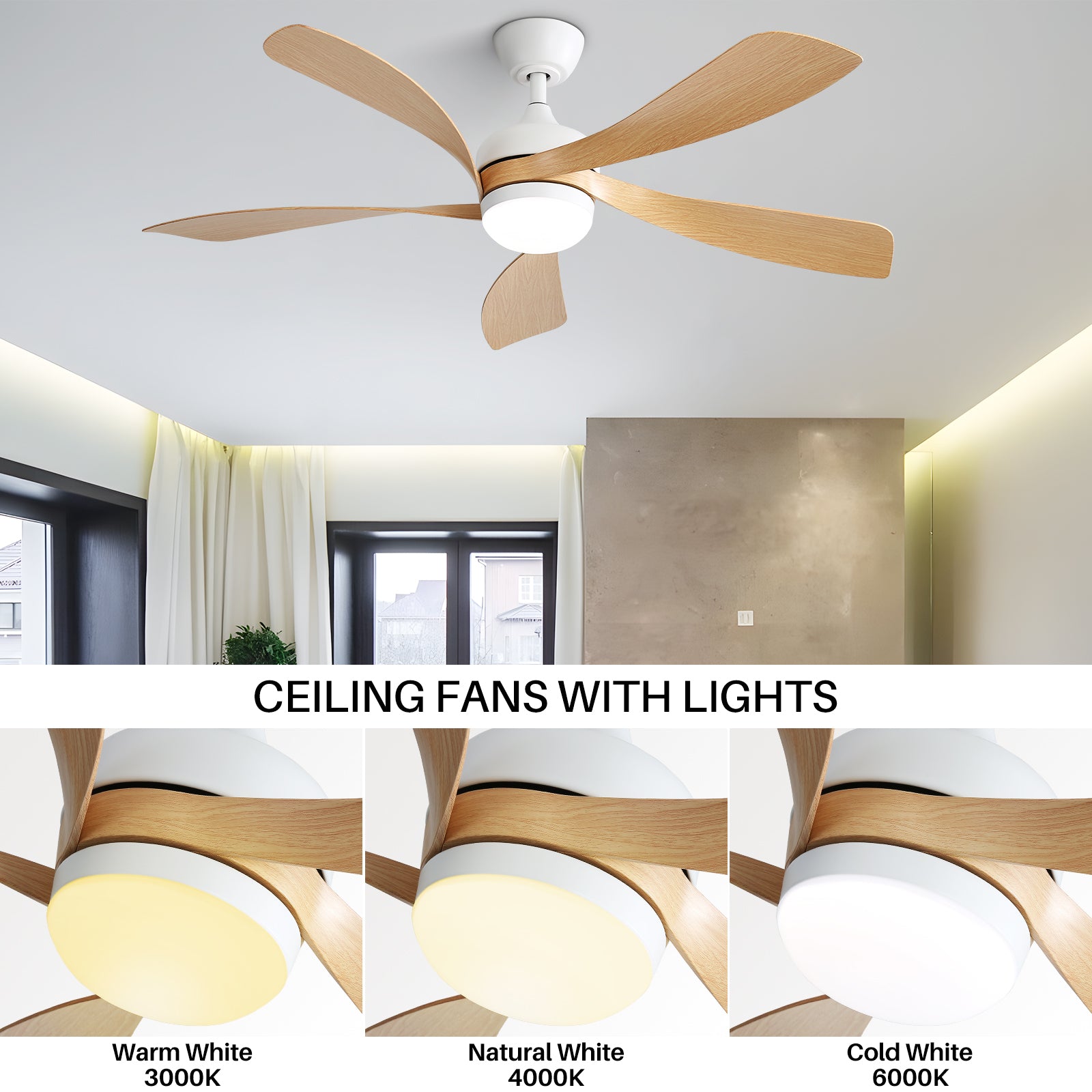 52 Inch Modern Ceiling Fan with 3-Color Dimmable LED Light, 5 ABS Blades, Remote Control, Reversible DC Motor - Perfect for Living Room, Bedroom, and Office Spaces