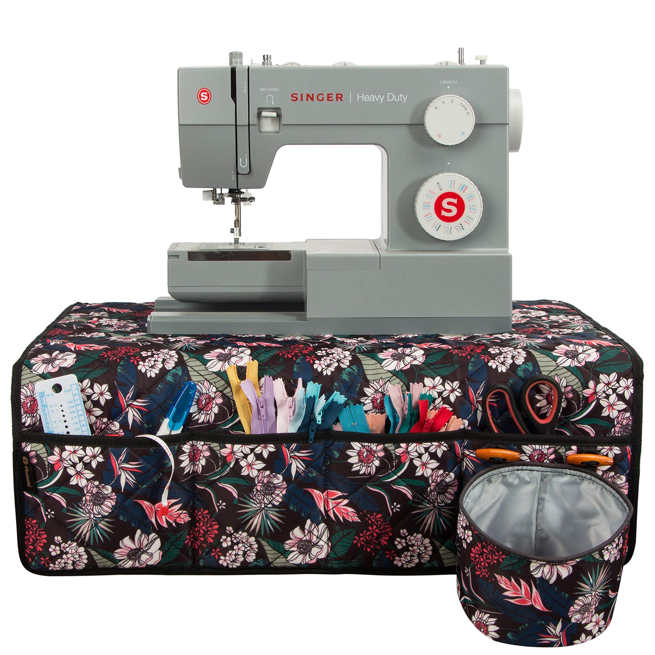 PACMAXI Water-Resistant Sewing Machine Pad with Storage Pockets - Floral Black Sewing Machine Mat Organizer for Accessories | Perfect for Quilting, Crafting & Home Sewing Projects
