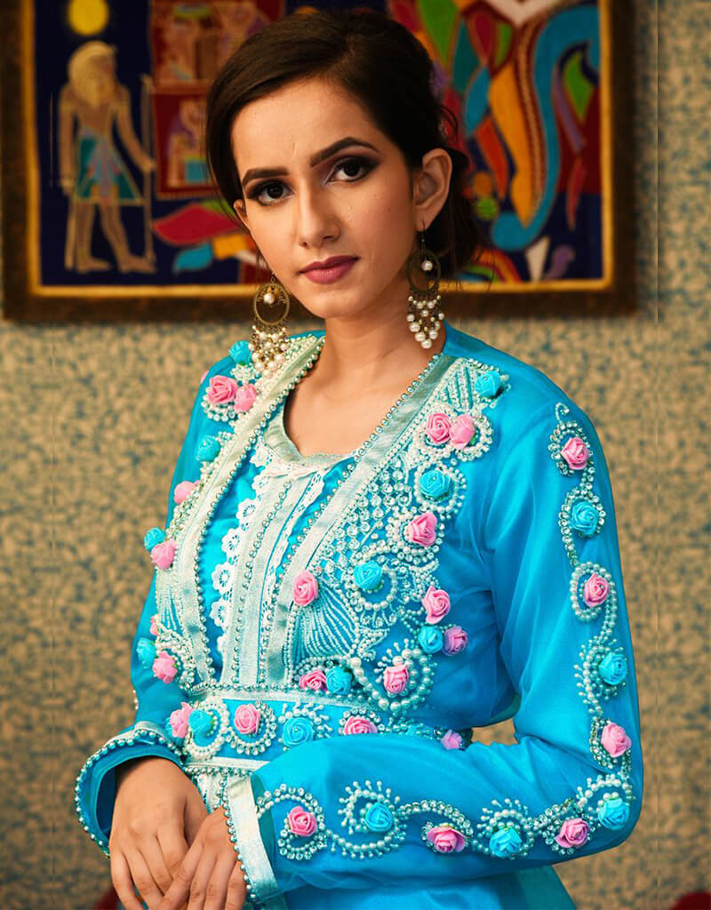 Exquisite Arabic Firozi Blue Silk Georgette Fabric with Handcrafted Silver Embroidery - Moroccan Style Elegance for Home Decor, Fashion & Special Occasions
