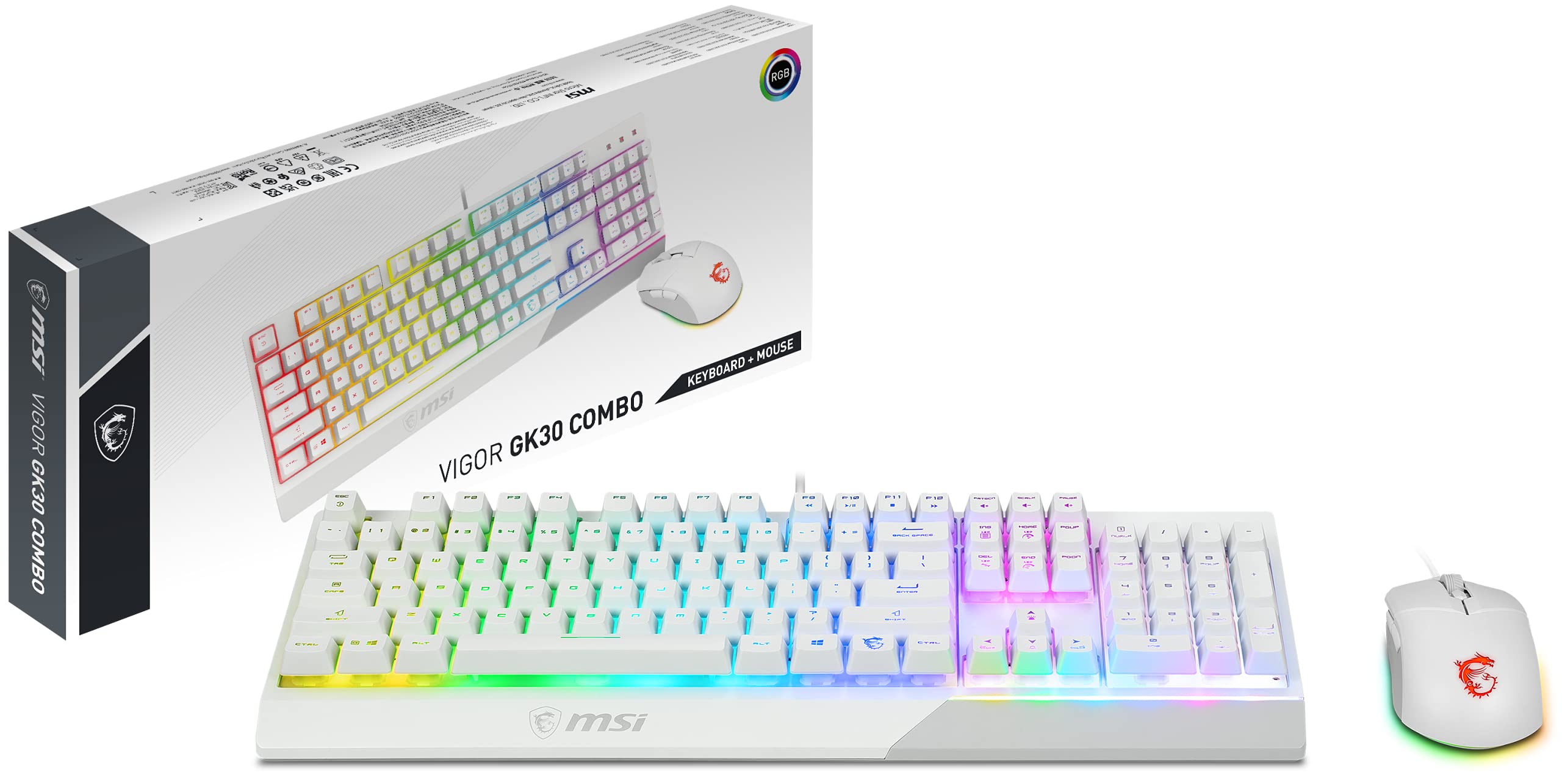 MSI Vigor GK30 White Gaming Keyboard & GM11 RGB Mouse Combo - Membrane Keyboard with RGB Backlight, Ergonomic Gaming Mouse - Perfect for PC Gaming, Streaming & Office Work
