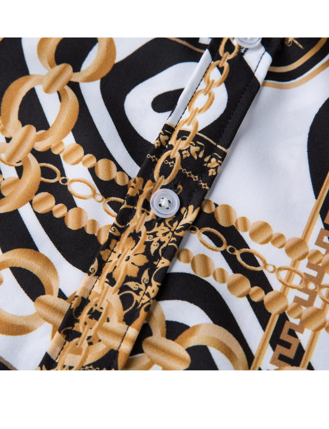 Luxury Men's Black & Gold Baroque Print Short Sleeve Dress Shirt - Chain Design Button Down Casual Shirt for Business, Party & Special Occasions
