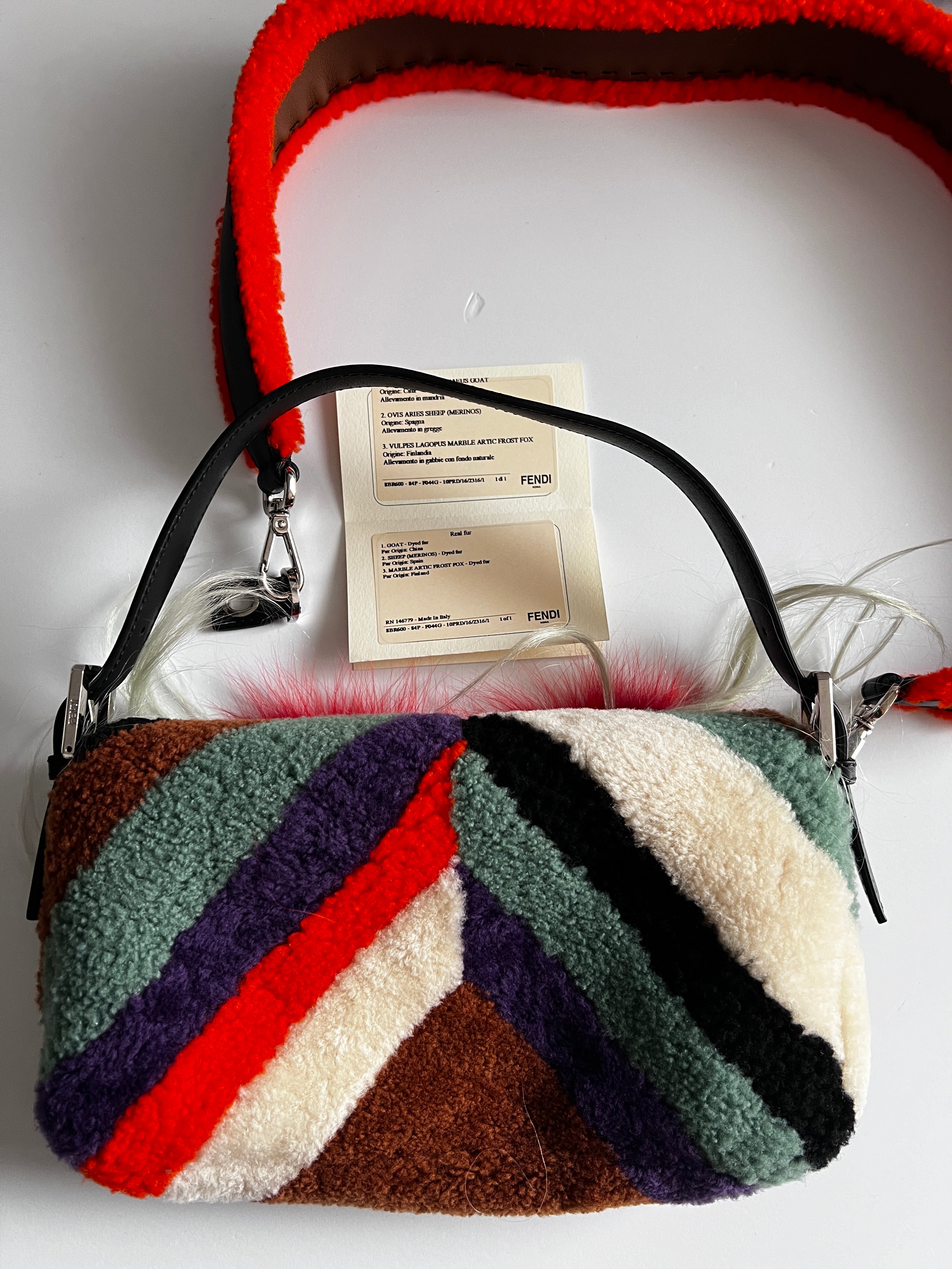 Fendi Angry Bird Shearling Baguette Crossbody Bag with Adjustable Long Strap - Stylish Luxury Handbag for Women, Perfect for Daily Use & Evening Outings