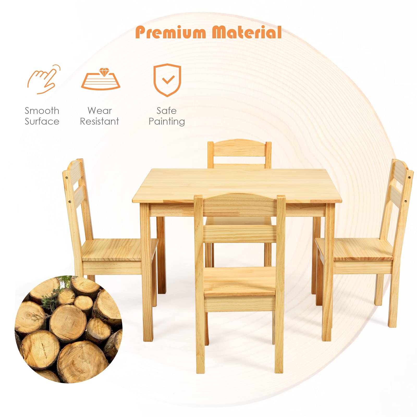 BETTARY Kids Wooden Table and Chair Set - 5 Piece Toddler Activity Furniture for Studying, Crafts, Art & Dining | Sturdy Playroom Set for Ages 2-6 | Perfect for Preschool Learning, Creative Play & Mealtime (Natural Wood)