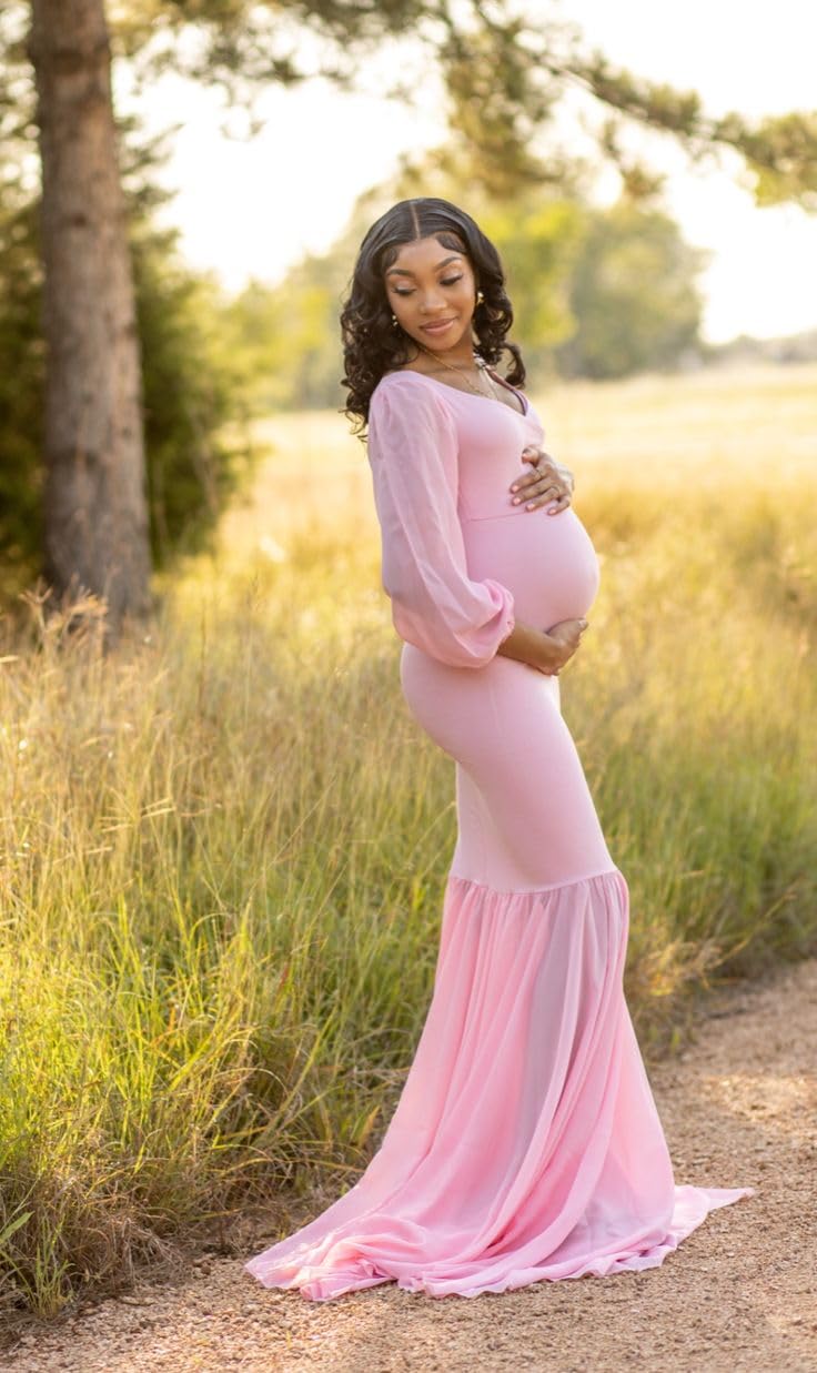 Saslax Elegant Long Chiffon Sleeve Mermaid Maternity Dress for Photoshoot, Baby Shower, Pregnancy Photos, and Special Occasions - Comfortable & Stylish Maternity Gown for Expecting Mothers