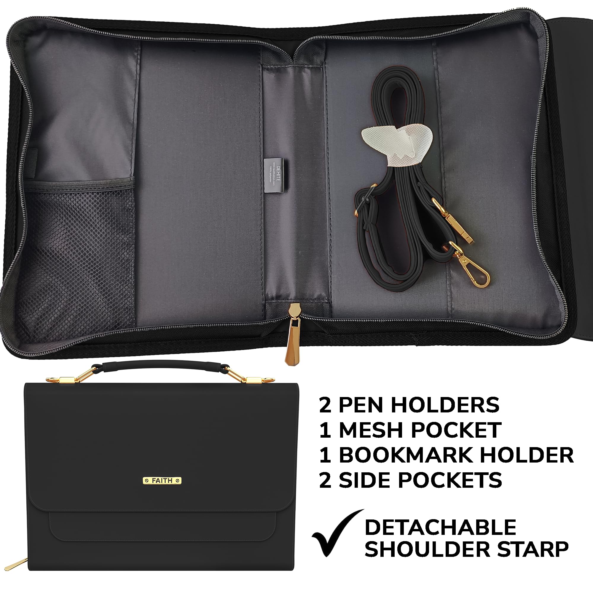 DEHITE Premium PU Leather Bible Cover for Women - Zippered Pocket & Pen Slots Bible Carrying Bag with Adjustable Shoulder Strap - Perfect Christian Gift for Church, Bible Study & Travel