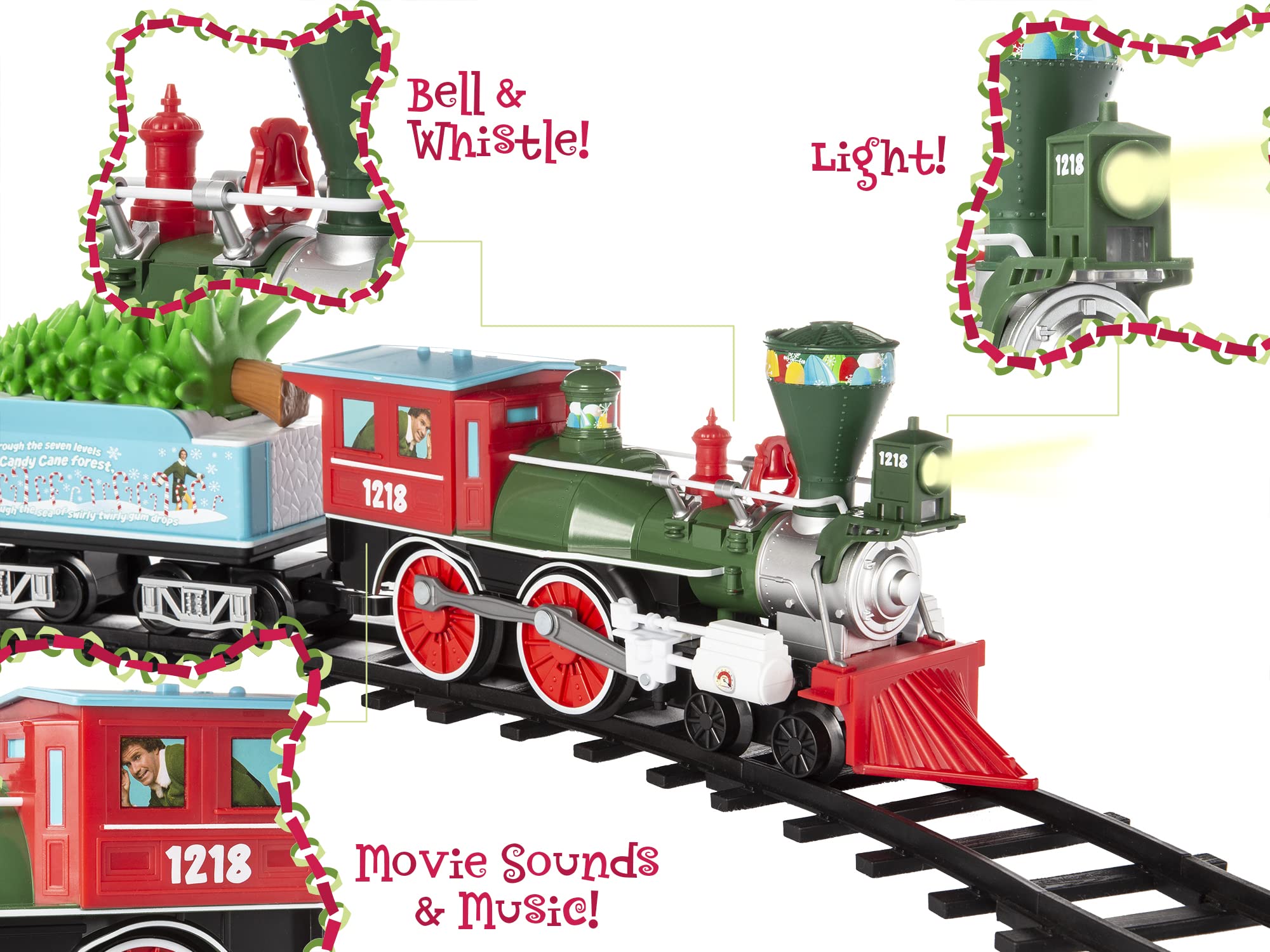 Lionel Battery-Powered Elf Toy Train Set with Locomotive, 4 Train Cars, 8-Piece Track & Remote Control - Realistic Train Sounds & LED Lights for Kids Ages 4+ | Perfect for Christmas Decorations, Birthday Gifts & Holiday Playtime