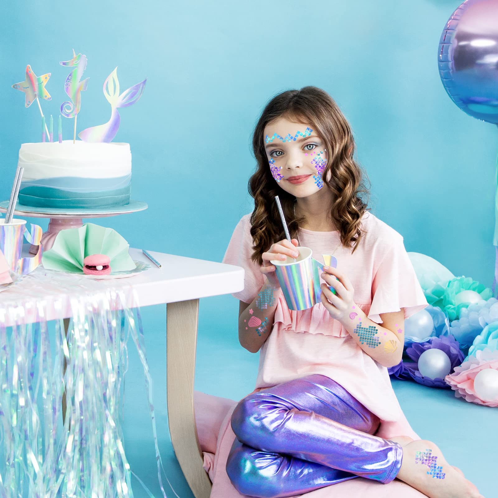 Mermaid Scale Temporary Tattoos - 12 Sheets Waterproof Fake Tattoo Stickers for Kids & Adults | Mermaid Party Decorations, Costume Accessories, Festival Body Art