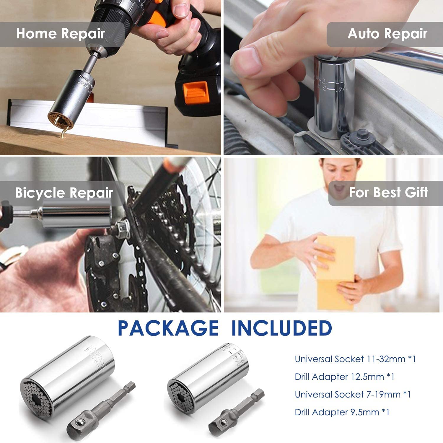 Universal Socket Set (11-32mm & 7-19mm) - Multi-Function Super Socket Tool Kit with Power Drill Adapters - Perfect for Unscrewing Any Bolt - Ideal Gifts for Men, Father, Dad, Husband & DIY Handyman (4PCS) - Great for Automotive Repair, Home Improvement & Mechanical Projects