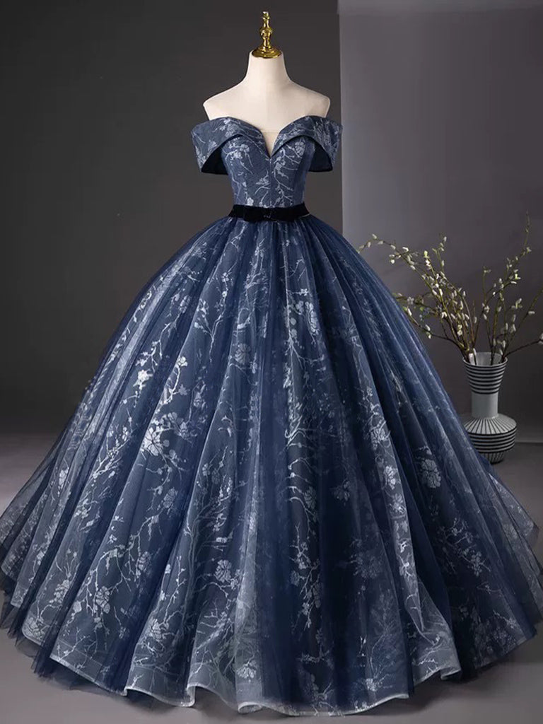 Elegant A-Line Off-Shoulder Tulle Lace Dark Blue Long Prom Dress - Formal Evening Gown for Homecoming, Ball, Wedding & Special Occasions