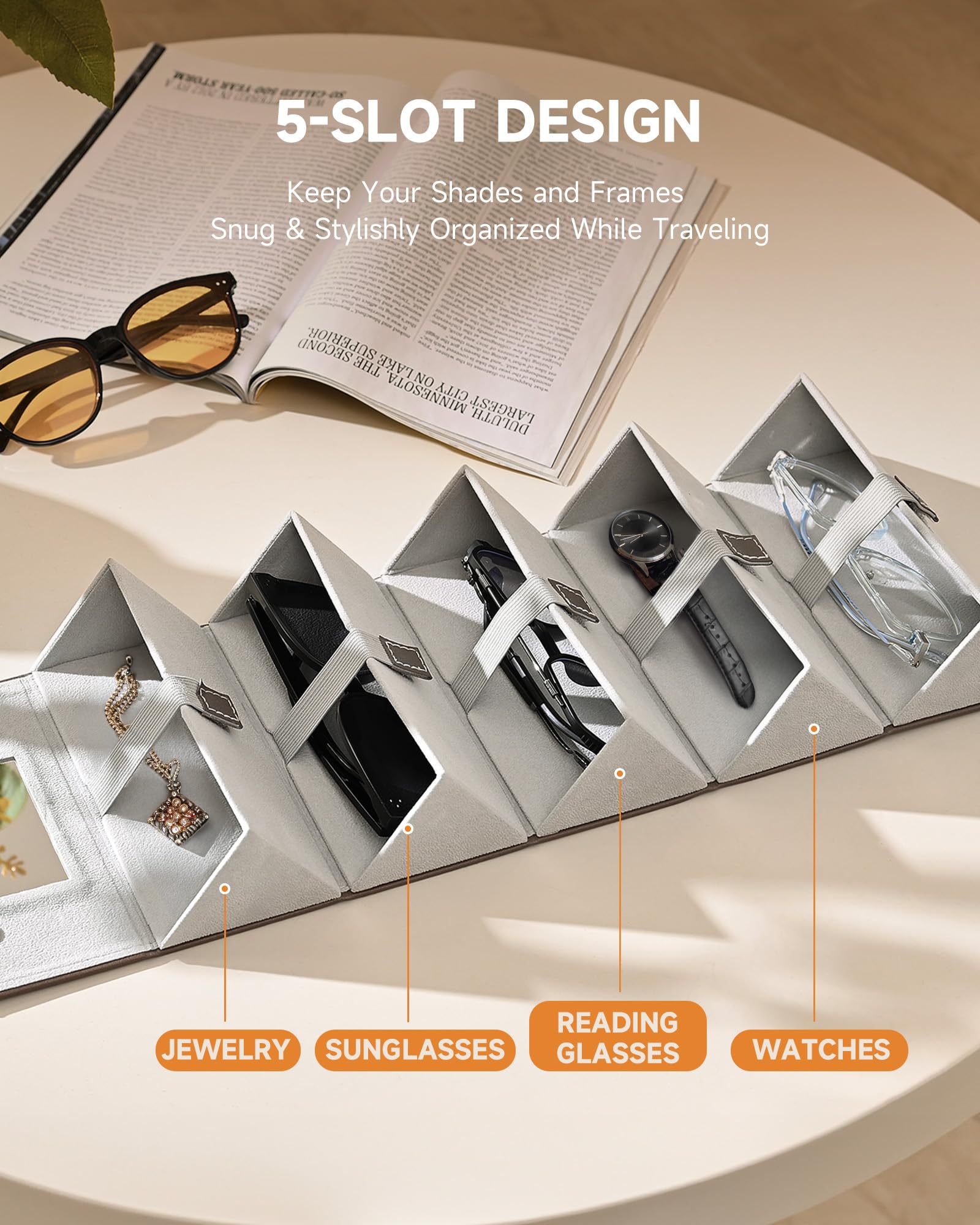 CO-Z Foldable Sunglasses Case - 5 Slots with Mirror for Travel & Home Storage