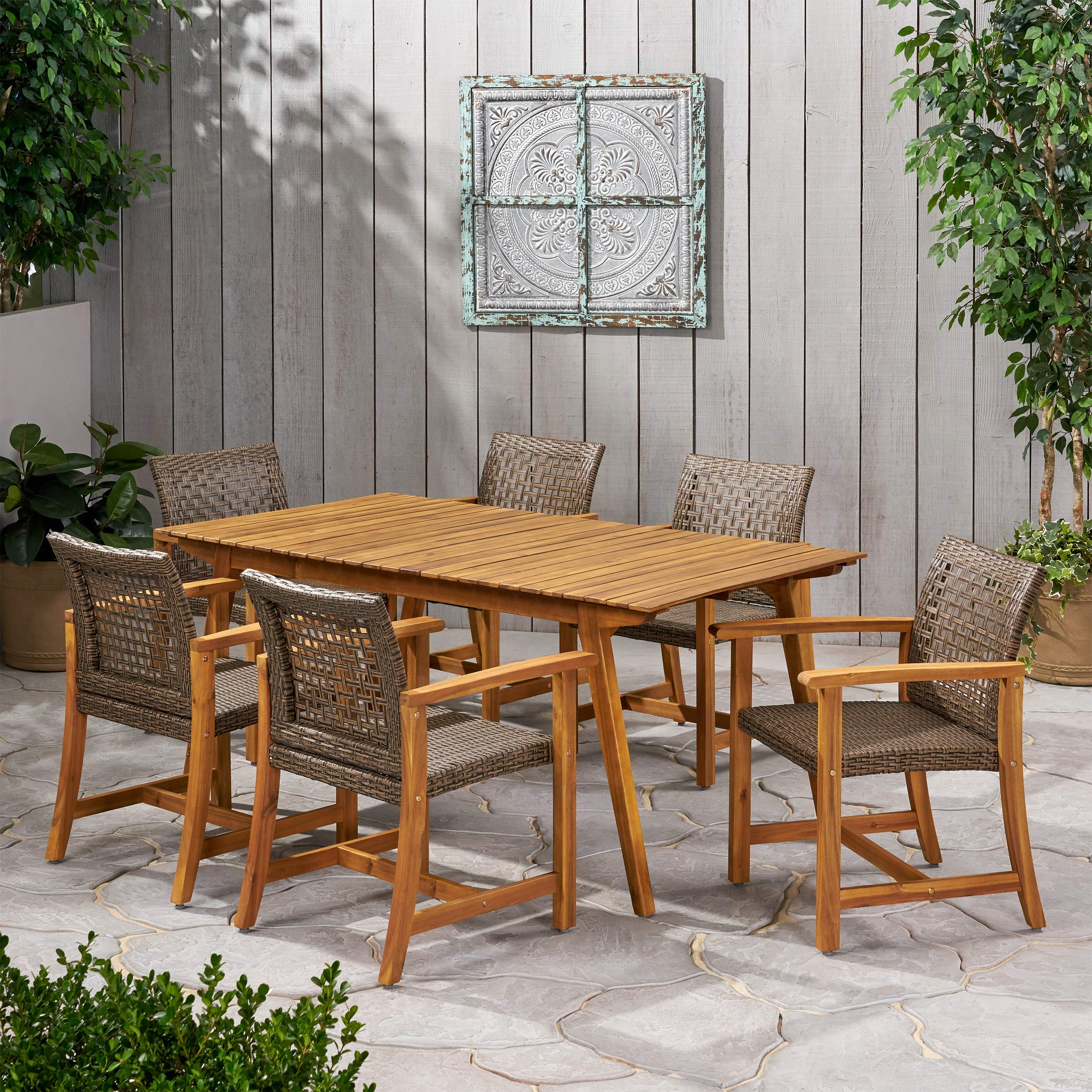 Premium Outdoor 6-Person Dining Set with Teak Finish & Mocha Cushions - Weather-Resistant Patio Furniture for Backyard, Garden & Poolside Entertaining