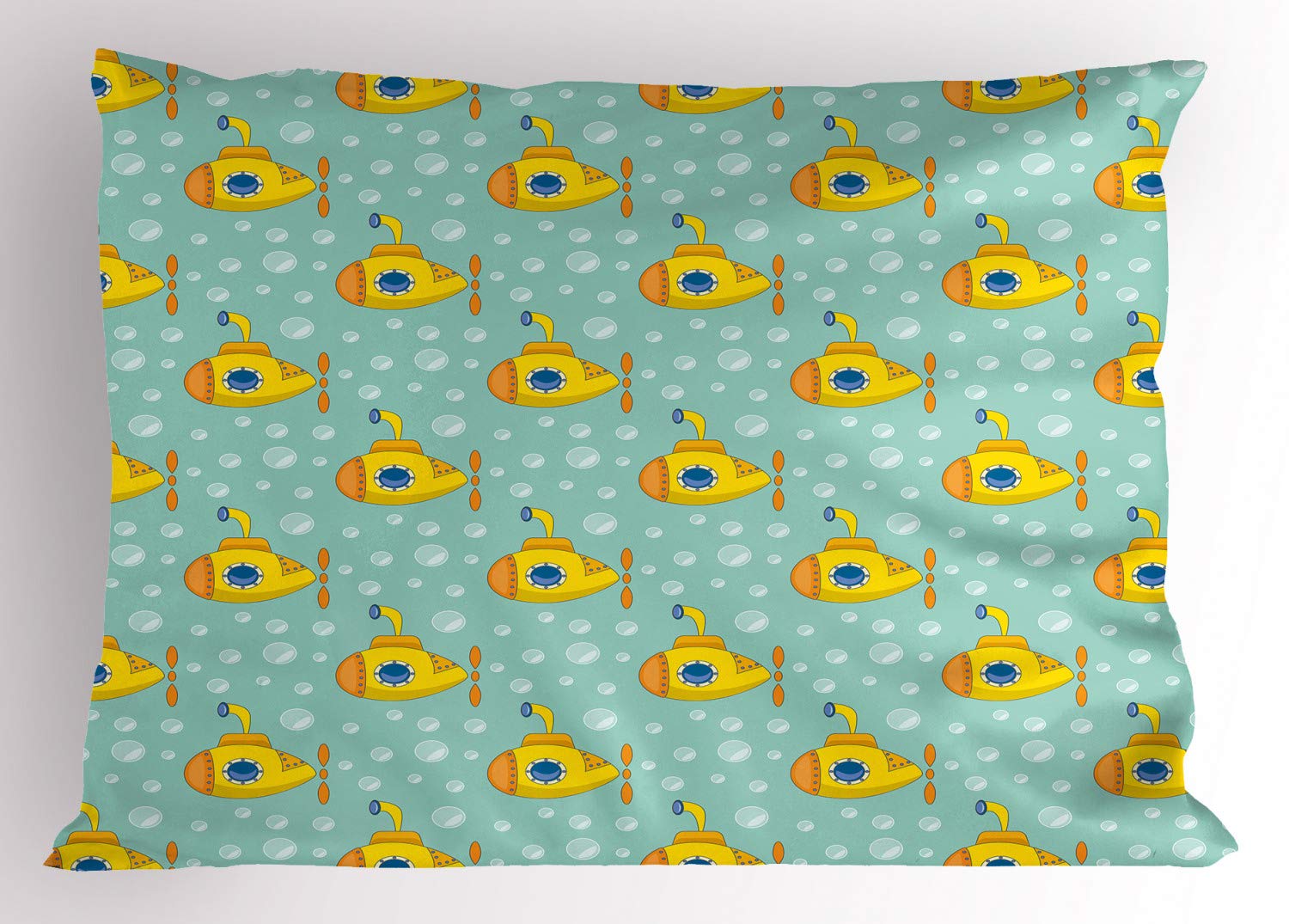Ambesonne Yellow Submarine Pillow Sham - Nautical Submarine & Bubbles Design, Queen Size Decorative Printed Pillowcase 30x20 Inches in Seafoam & Earth Yellow - Perfect for Beach House Decor, Kids Room & Underwater Theme Bedrooms