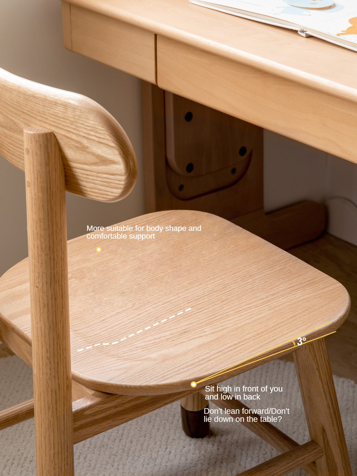Adjustable Solid Wood Children's Chair - Oak, Beech, Birch - 3 Height Settings for Kids' Study, Dining & Playroom