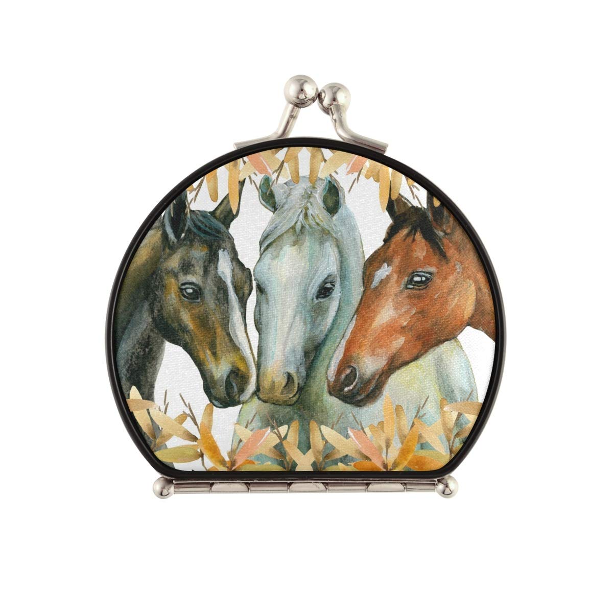 DOMIKING Portable Travel Makeup Mirror for Women - Double Sided Compact Mirror with 2X & 1X Magnification, Foldable Design with Elegant Horse & Branch Decoration - Perfect for Travel, Purse, Home Vanity & On-the-Go Touch Ups