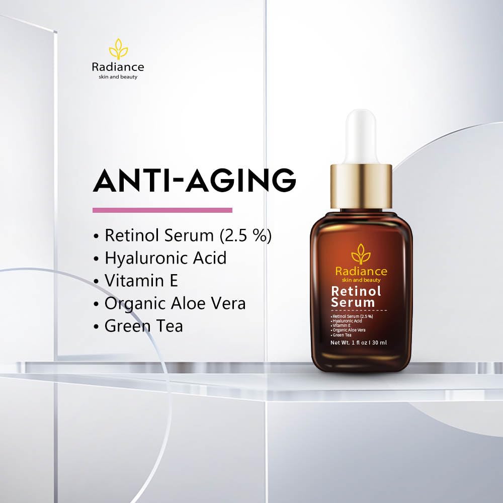 RADIANCE Retinol Serum for Face - Vitamin E, Organic Jojoba Oil & Hyaluronic Acid - Anti-Aging, Wrinkle Reduction & Dark Spot Treatment - Smooths Fine Lines & Brightens Skin - 1 Oz Facial Serum for Night Routine & Daily Skincare