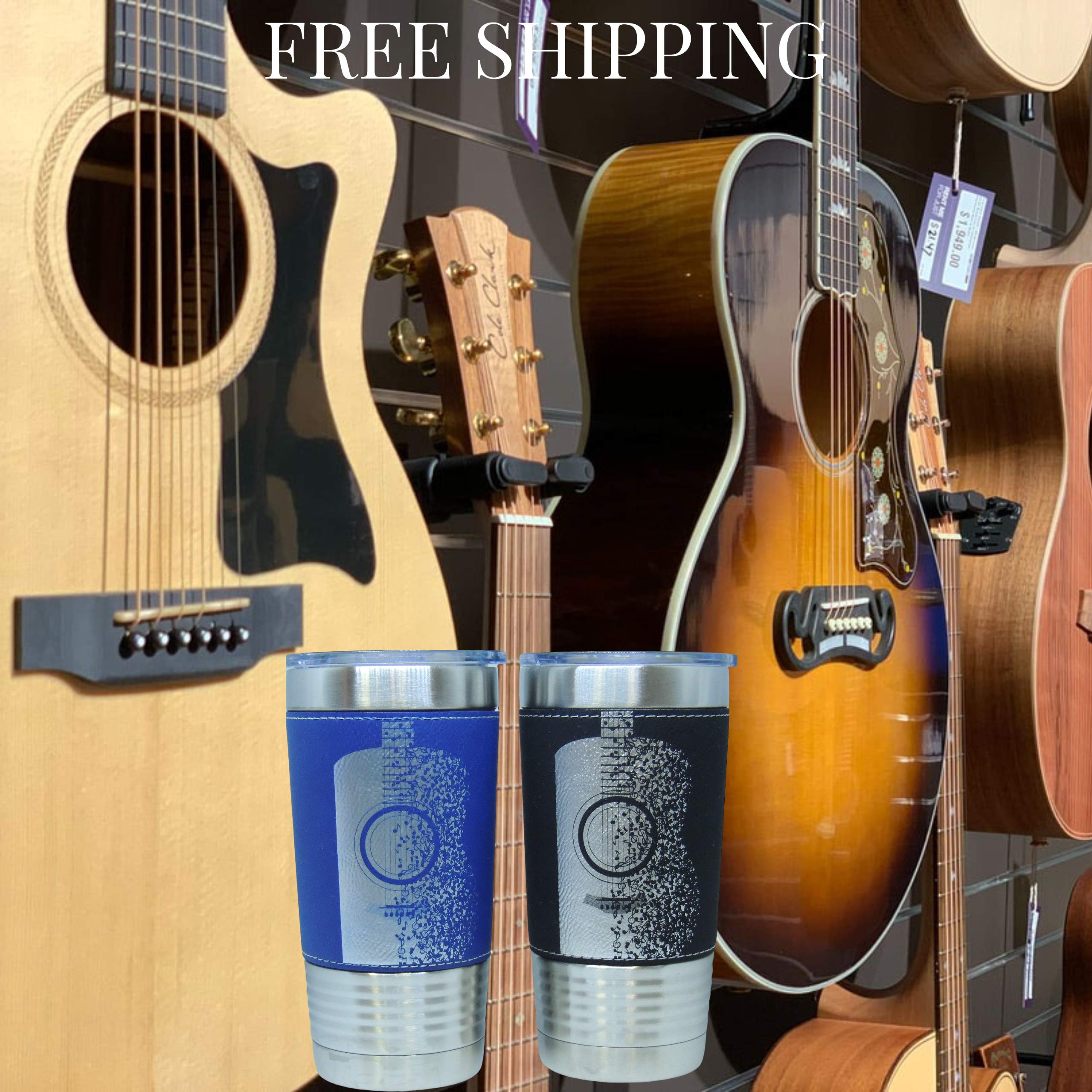 20oz Stainless Steel Vacuum Insulated Tumbler with Acoustic Guitar Leather Wrap - Black Music Lover's Travel Mug for Coffee, Tea & Cold Drinks | Perfect for Musicians, Camping & Outdoor Adventures