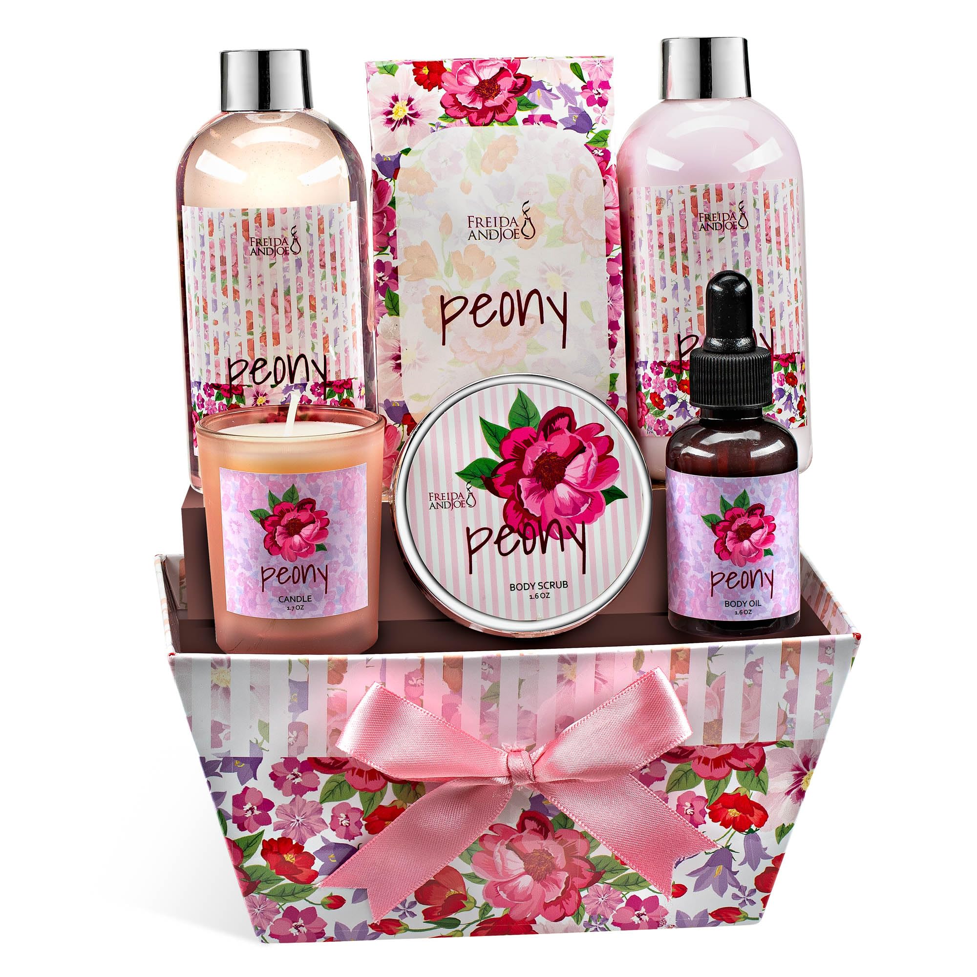 Peony Floral Spa Gift Basket for Women – 7-Piece Luxury Bath & Body Set with Shower Gel, Lotion, Scrub, Oil, Bath Salts & Scented Candle – Perfect Valentines, Birthday & Self-Care Gift for Relaxation & Pampering at Home
