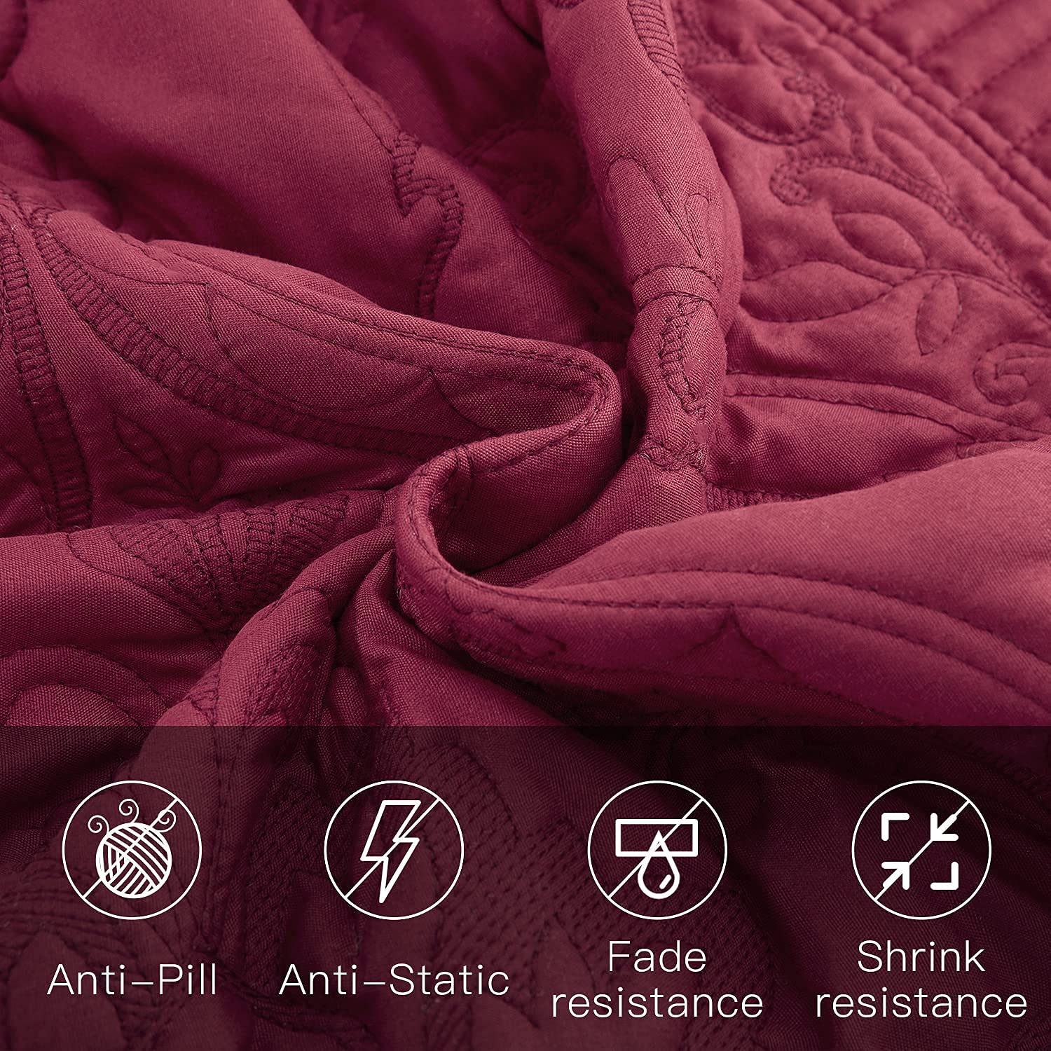 CHIXIN Full Size Lightweight Reversible Bedspread Coverlet Quilt Set - 4 Piece Bedding with Beautiful Stitching & Gorgeous Damask Paisley Pattern (Wine Red) - Perfect for Master Bedroom, Guest Room & Dorm Decor