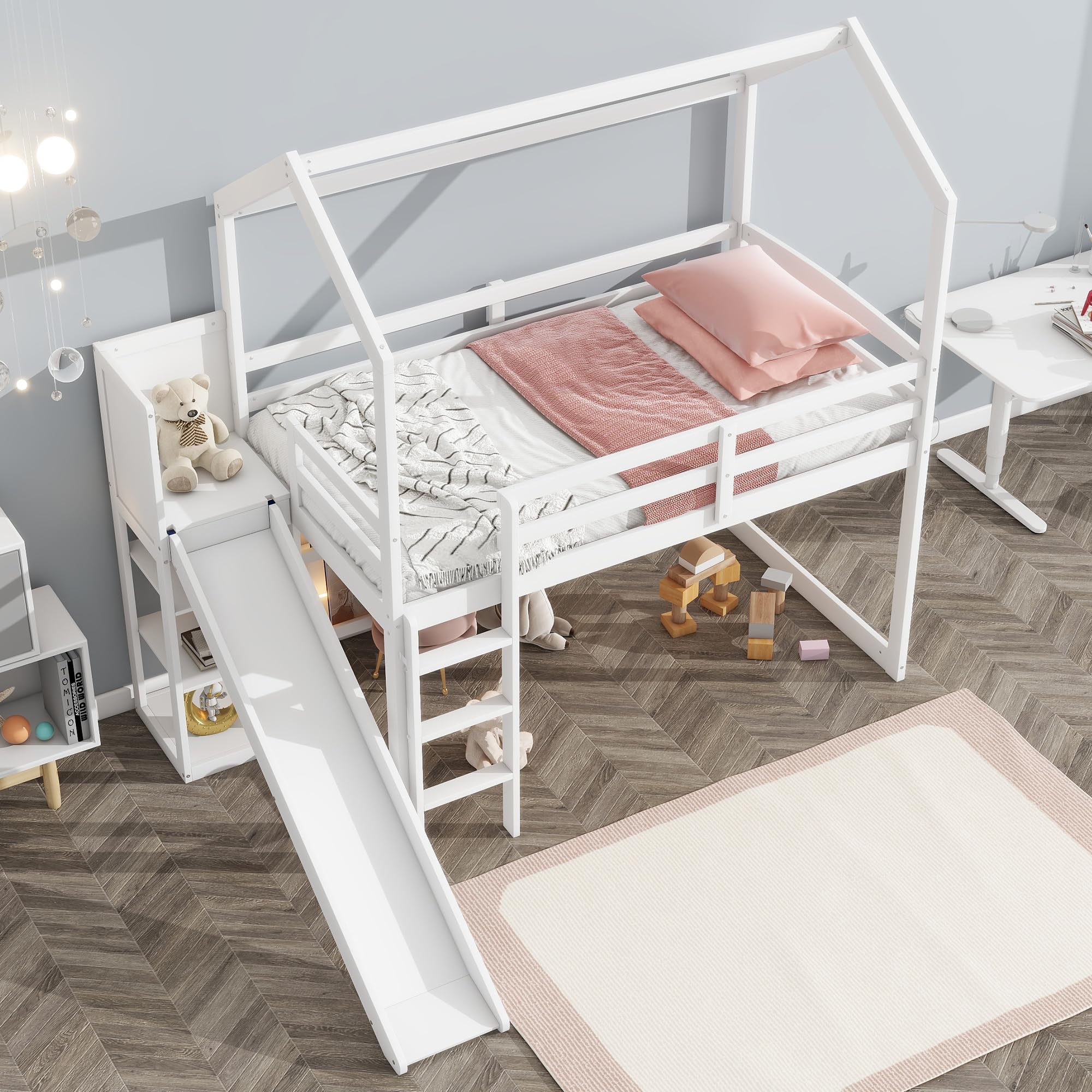 Harper & Bright Designs Twin Size Wooden Loft Bed with Slide, Storage Shelves & Light - Kids Playhouse Bed for Boys & Girls in White - Perfect for Small Bedrooms, Playrooms & Space-Saving Kids' Furniture
