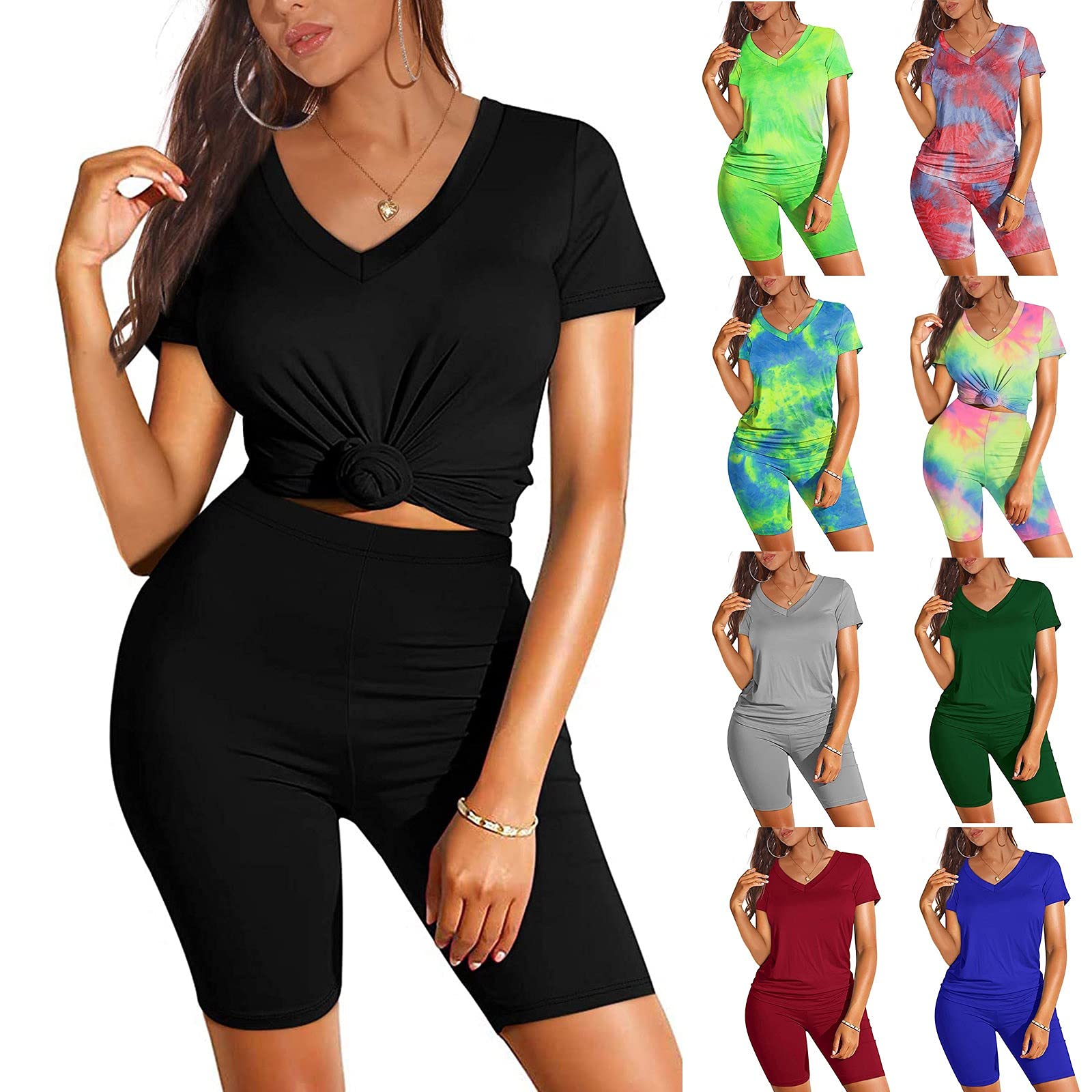 Women's Solid Color Two Piece Outfits - Short Sleeve V Neck Top & Biker Shorts Set for Yoga, Gym, Running and Casual Wear