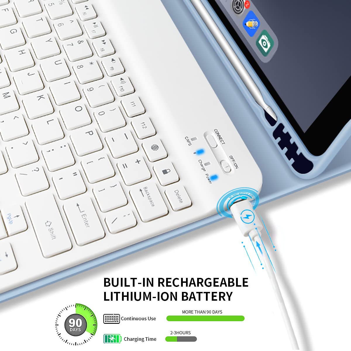 Kenke Ultra Slim Wireless Keyboard Case for iPad 9.7 inch (iPad 6th/5th Gen 2018/2017, iPad Air 2/1) - Lightweight Smart Cover with Apple Pencil Holder & Magnetic Detachable Keyboard - Perfect for Work, Travel & Study (Light Blue)