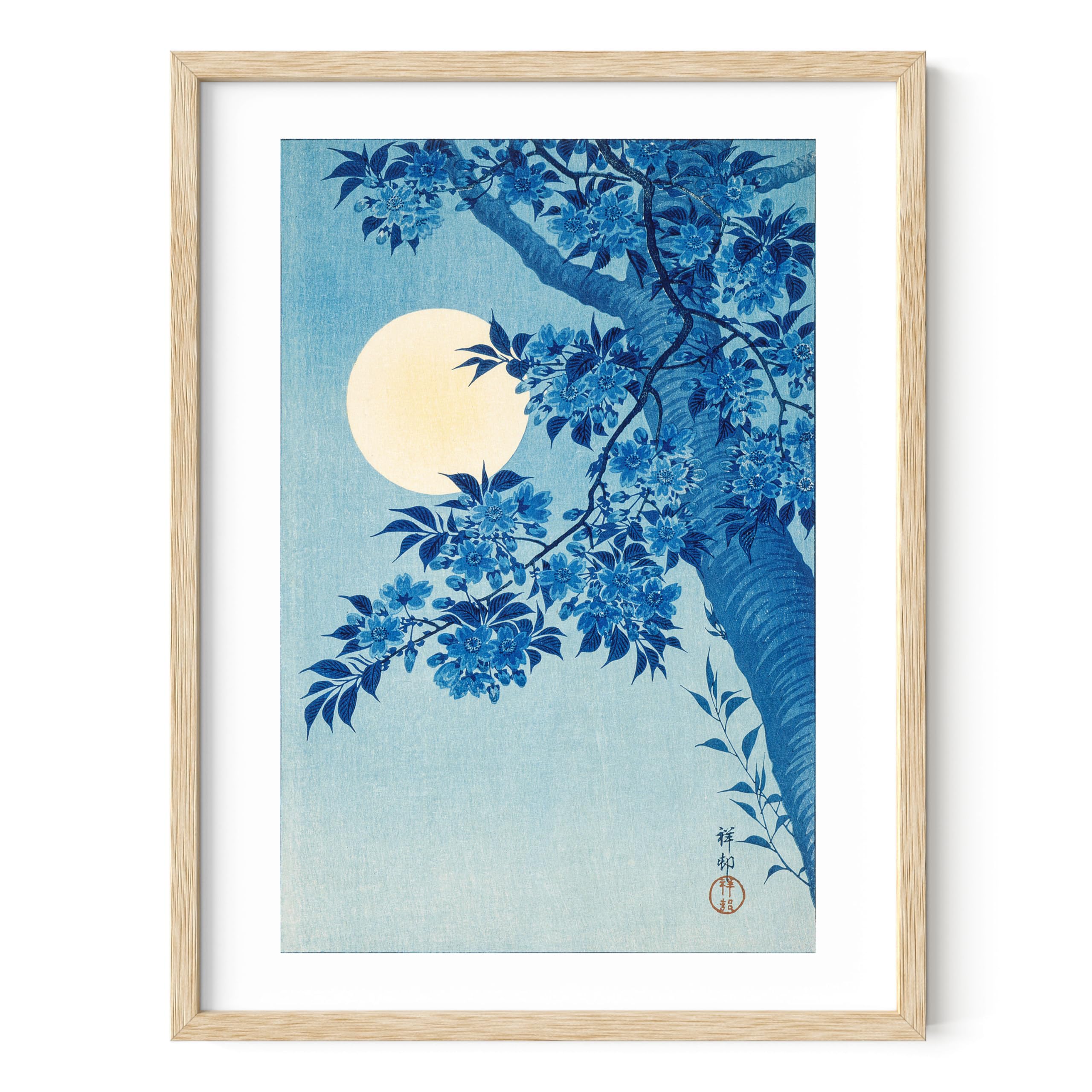 HAUS AND HUES Blue Japanese Japandi Floral Art Print - Traditional Blue & White Asian Wall Decor Poster with Beige Frame (12x16) - Perfect for Boho Bedroom, Living Room & Office Aesthetic