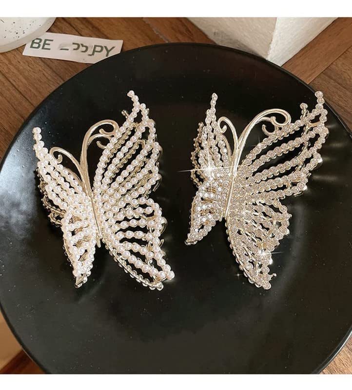 SHIDARA 1 Pack Rhinestone Butterfly Hair Clips - Sparkling Pearl Embellished Metal Hairpins for Women & Girls with Thick Hair | Non-Slip Strong Hold Hair Accessories for Parties, Weddings & Everyday Wear