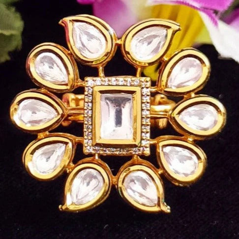Exquisite Designer Gold Plated Kundan Ring - Elegant Indian Jewelry for Women | Perfect for Weddings, Parties & Special Occasions