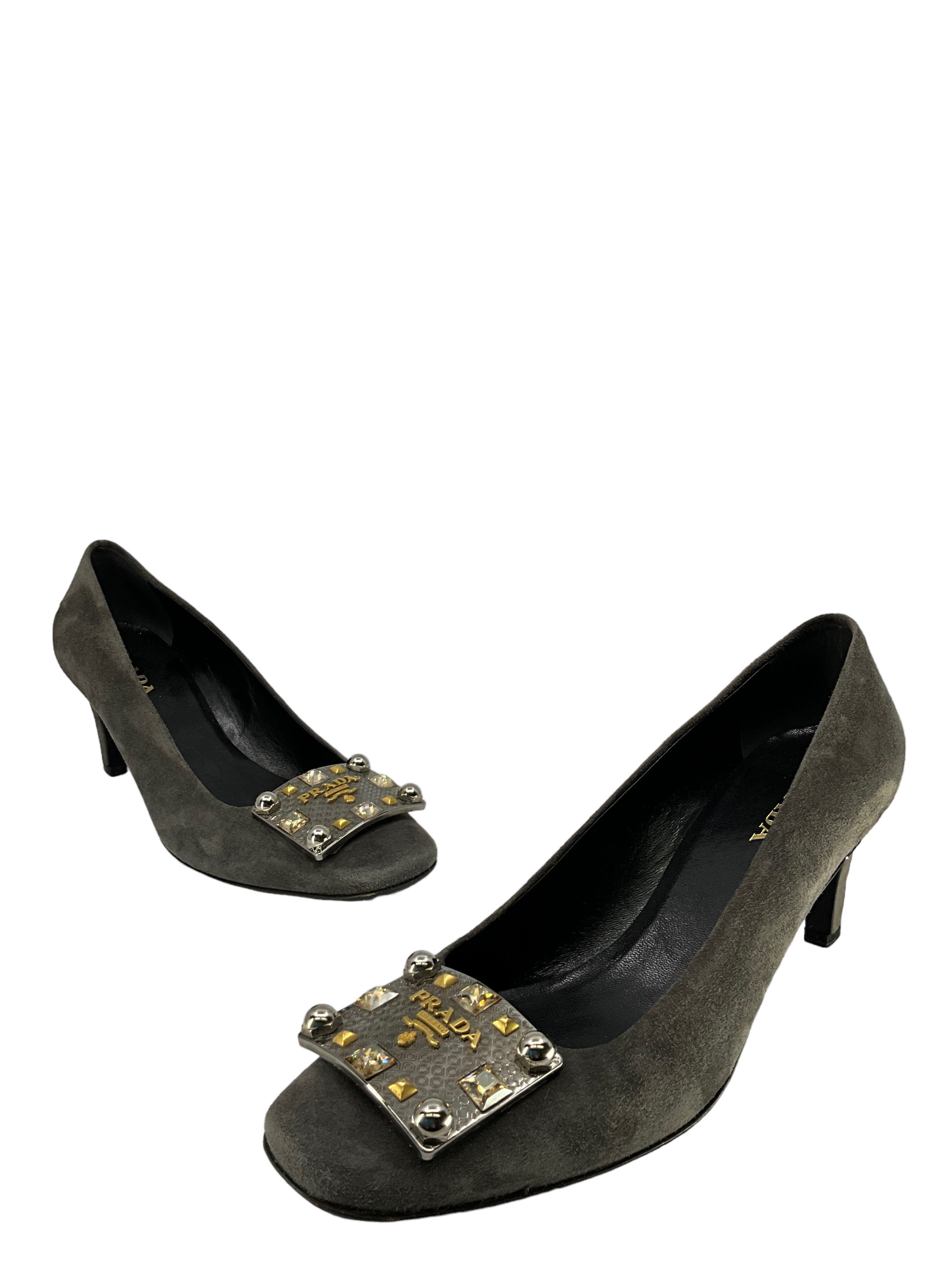 Prada Gray Suede Embellished Heels Women's Size 9 | Luxury Designer Pumps for Parties, Weddings & Formal Events