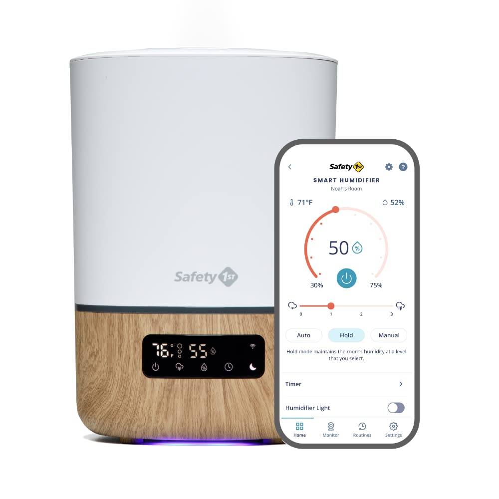 Safety 1st Smart Humidifier with Hygrometer & Nightlight - 1 Gallon Cool Mist Humidifier for Baby Nursery, Whisper Quiet Operation, iOS/Android App Control - Perfect for Dry Air Relief in Bedrooms & Offices