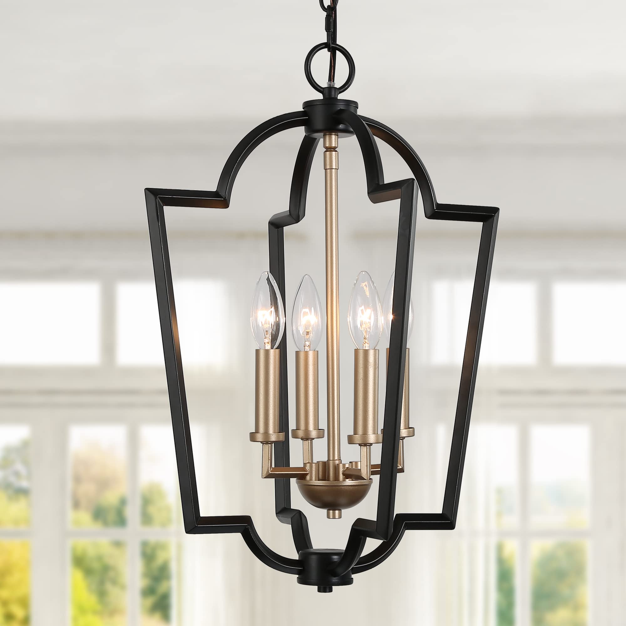 Modern Black & Gold Chandelier - 4-Light Lantern Pendant Light Fixture for Kitchen Island, Dining Room, Living Room, Bedroom, Foyer & Entryway | Elegant Lighting for Home Decor & Interior Design