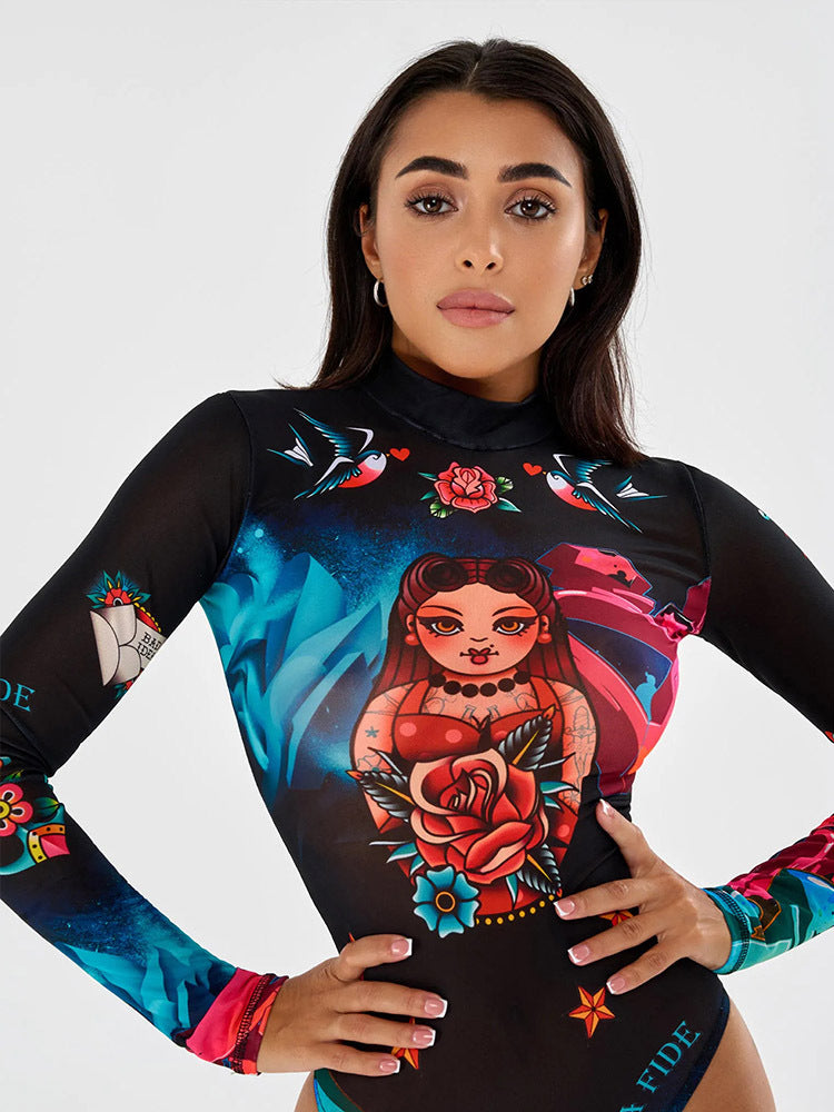 ZASUWA Women's Unique Halloween Print Bodysuit - Sexy Costume Bodysuit for Halloween Parties, Cosplay & Night Out